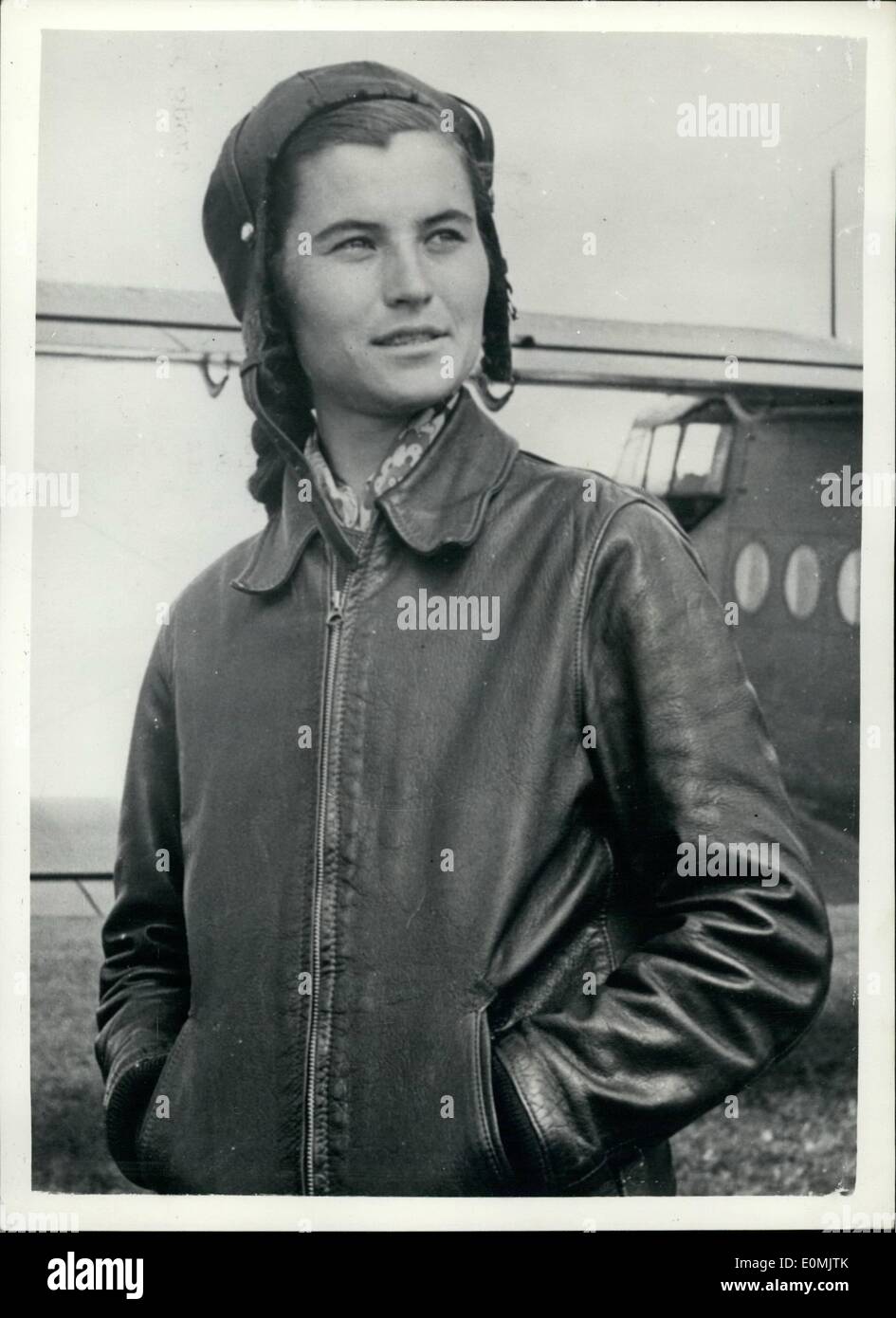 Sep. 09, 1955 - New Records Set Up In USSR. Parachute Contests. ''Master Of Sport''.: The 8th. U.S.R.R. Parachute Contest was concluded recently at Tushino aerodome, near Moscow. A number of new world records were set up. Photo shows A. Sullanova - a Soviet woman ''Master of Sport'' who broke national and world records in two jumps from 660 yards - missing her target by an average of only 11 ft. Stock Photo