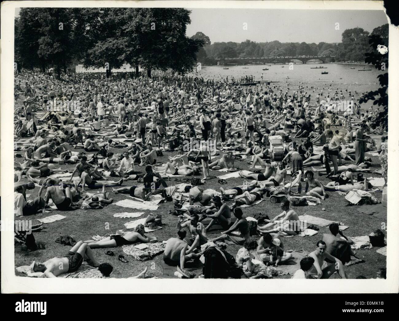 Jul. 07, 1955 - Hundreds Flock To Hyde Park Lido To Make The Most Of The Heat-Wave. Photo shows Part of the huge crowd at London's Hyde Park Lido where they took advantage of the heat-wave to do a spot of sunbathing. Stock Photo