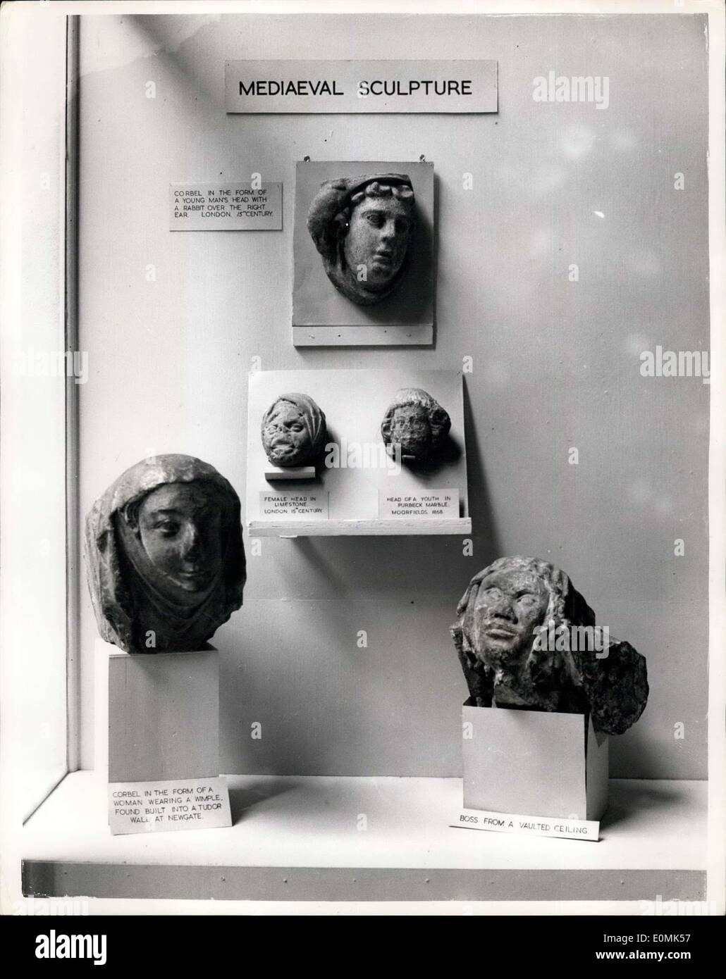 Oct. 04, 1955 - Archaeology Exhibition At Royal Exchange: An exhibition organised by the London and Middlesex Archaeological Society, to mark the its centenary, was opened at the Royal Exchange today by the Lord Mayor of London, Sir Seymour Howard. Photo shows Mediavel sculpture from the city of London - seen at the exhibition. Stock Photo