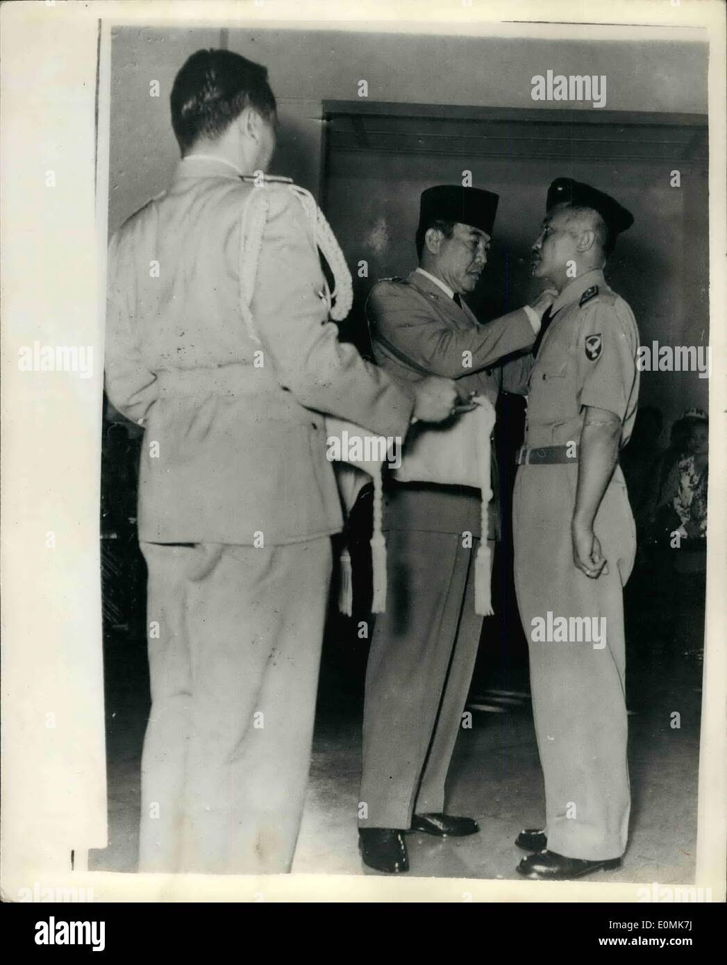 Jul. 07, 1955 - Indonesia's New Chief of Staff installed ceremony boycotted by General Staff.: President Sukarno of Indonesia recently performed the ceremony of installing Col. Bambang Utoyo as the new Chief of Staff of the Indonesian Land Forces and promoted him to the rank of Major General in a ceremony at teh Presidential Palace of Djakarta. The ceremony was a short one because all the General Staff of the Land Forces as well as the Army Commanders of seven military territories boycotted Col Stock Photo