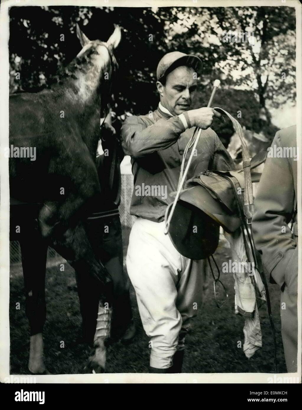 Oct. 10, 1955 - Aly Khan takes part in Gentleman riders race at Le tremblay.: Prince Aly Khan yesterday came second in a race for gentlemen riders - at Le Tromblay, France- Also taking part in the race was Groups Captain Peter Townsend, who finished. Photo shows Prince Aly Khan, in riding kit - at Le Tremblay yesterday. Stock Photo