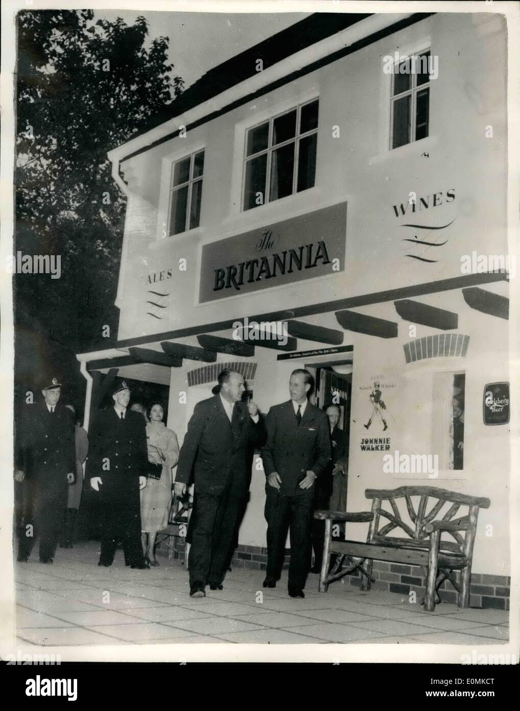 Oct. 10, 1955 - The Duke of Edinburgh Visits The British Trade Fair in Copenhagen: The Duke of Edinburgh, who is in Denmark on a five-day visit, paid a visit to the British Trade Fair in Copenhagen. He spent two hours touring the exhibition and visited the British Inn Britania, where he had a beer in a silver tankard, which was afterwards given him as a souvenir. Photo shows The Duke of Edinburgh leaving the British Inn Britania. Stock Photo