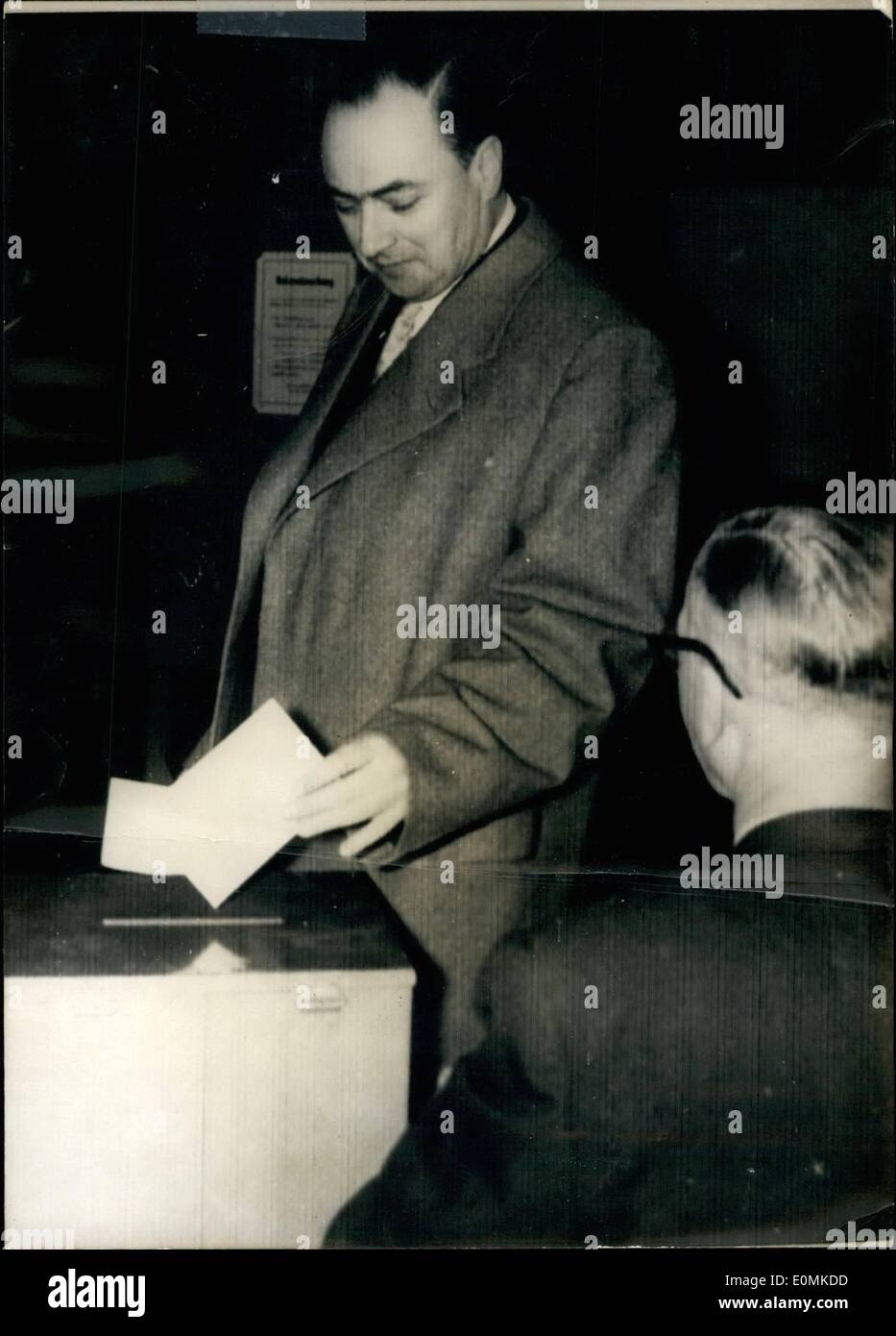 Oct. 10, 1955 - Saar Plebiscite: The plebiscite for European status took place in the Saar today. Photo Shows: The pro-German leader Schneider in a polling station at Saarbrucken, this morning. Stock Photo