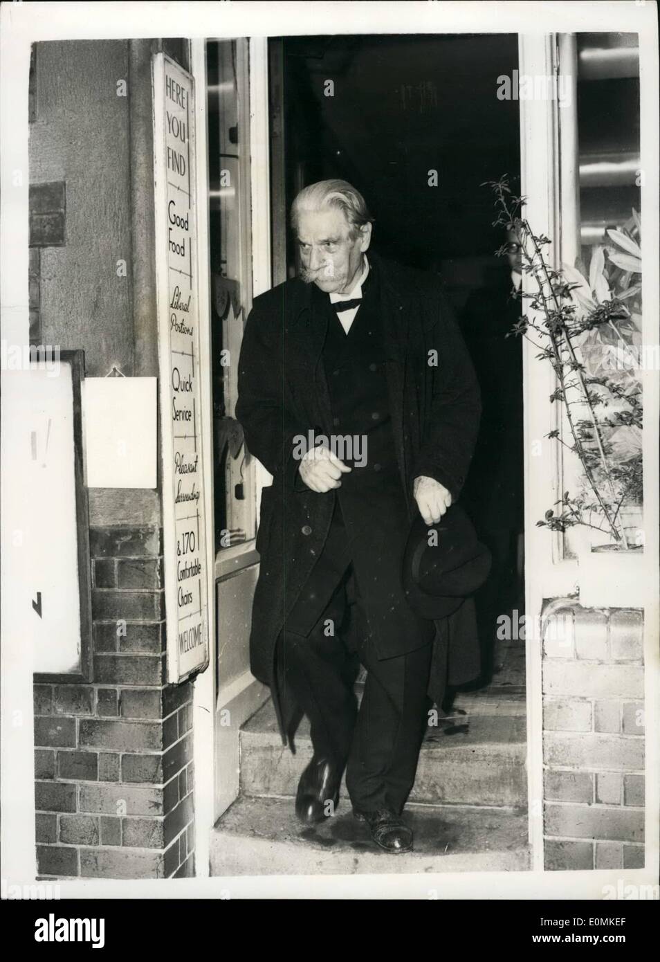 Oct. 10, 1955 - Dr. Albert Schweitzer goes to the palace. Receives the hon O.B.E. Dr Albert Schweitzer who renounced fame and fortune as a musician 43 years ago to from a leper colony at Lambarene - visited Buckingham palace this mrongin where he was invested with the honorary order of merit by H.M. The Queen, Dr. Schweitzer was hailed as the world's greatest organist forty years ago. photo shows Dr. Albert Schweitzer seen as he let the Westminster tea-shop of Swiss restaurant friend Mr. Emile Metter - where he is staying for the palace this morning. Stock Photo