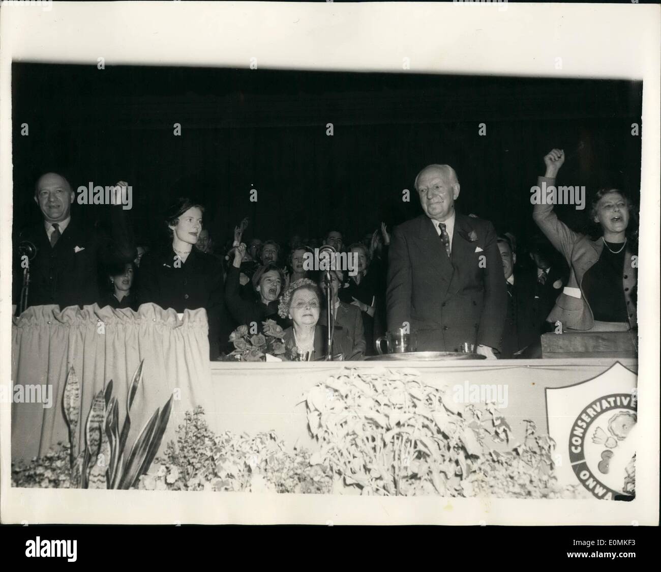 Oct. 10, 1955 - Conservative party says goodbye to Lord Woolton: The Conservative party today said farewell to the retiring chairman, Lord Woolton, who was attending the Conservative Party Conference at Bournemounth for the last time as chairman of the Party. Photo shows Cheers for Lord Wooldton at Bournemouth today. (L to R) Mr. R.A. Butler, Chancellor of the Exchequer; Lady Eden; Lady Woolton and Lord Woolton. Stock Photo