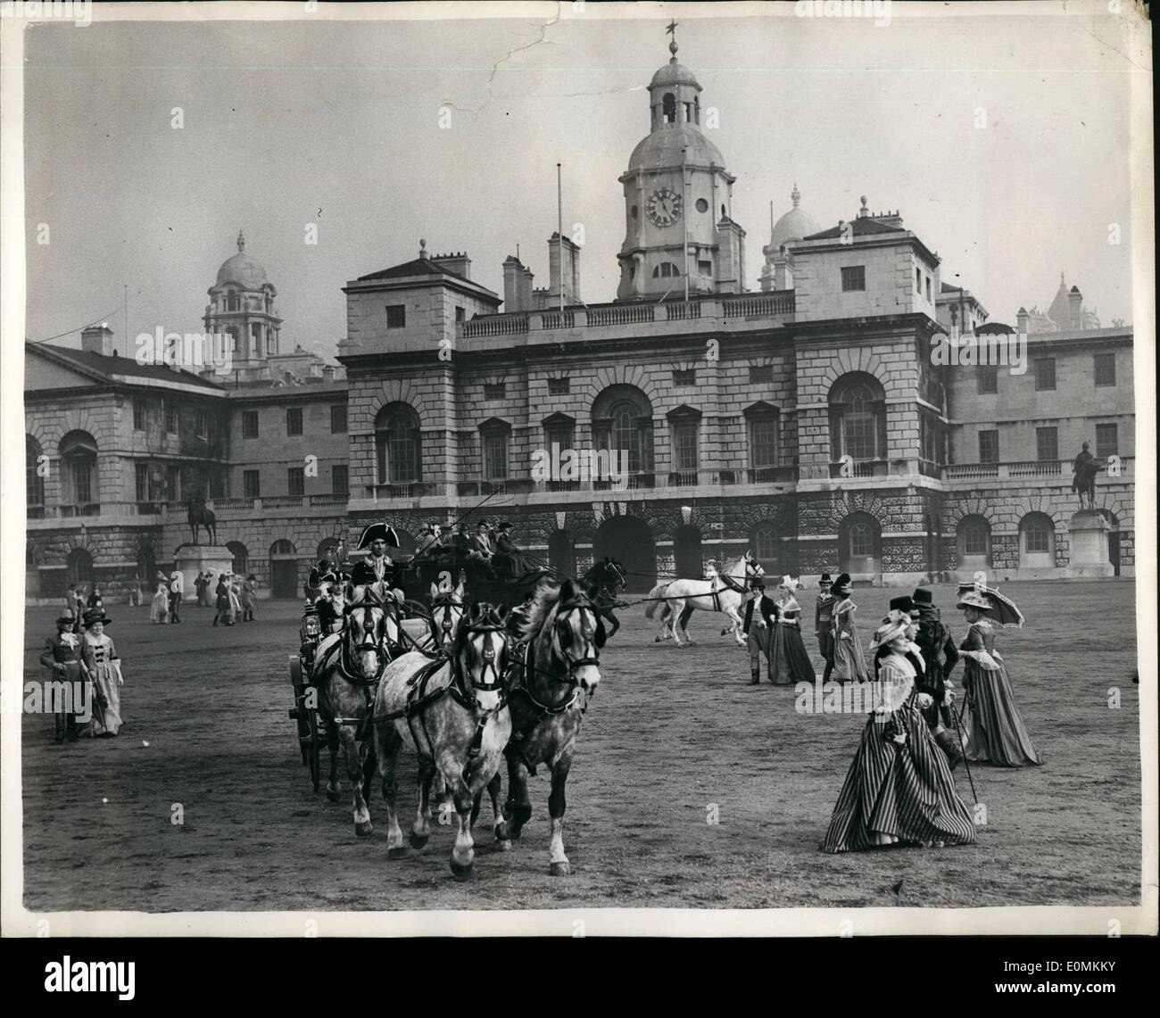 Nov. 11, 1955 - The Prince Of Wales Coach On Horse Guards Parade.. Filming Of ''Beau Brummell'': Photo Shows General view of the ''Prince Of Wales'' Coach drives through has Horse Guard Parade which is crowded with Regency costumed actors - during the filming yesterday ''Beau Brummell'' -- which stars Peter Ustinov and the ''Prince Regent'' with Stewart Granger in the title ole. Stock Photo