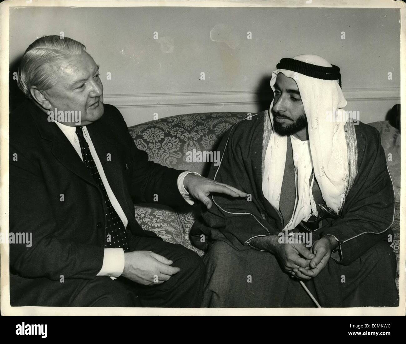 Oct. 10, 1955 - Sheikh who rejected &pound;30,000,000 Bribe, on first visit to London.: Paying his first visit to London is Sheikh Zaid  sultan, ruler of the oil-rich territory of Bmi, near the Persian Gulf. Sheikh Zaid is the main who turned down a Bribe of &pound;30,000,000 form King Ibn Saud to rob Britain of vast oil interests around Buraimi and hand them over to Saudi Arabia and American oil companies. Photo shows Sheikh Zaidi, who is on his first visit to London - seen being interviewed in London last night. Stock Photo
