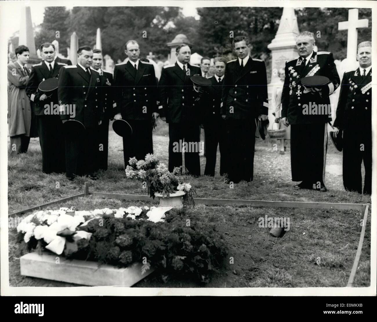 Oct. 10, 1955 - Russian Naval Officers visit Karl Marx tomb in London. Six Russian warships arrived yesterday at Portermouth on a five-day goodwill visit and this morning, Admiral A.G. Golovko, Commander in Chief of the Soviet Baltic Fleet, and a party of senior staff officers, who arrived in London this morning paid a visit to the Karl Marx tom at Highgate. Keystone Photo Shows: Admiral A.G. Golovko (second from right), bares his head, along with other officers after a wreath had been laidn on the tomb of Karl Marx at Highgate today. H/Keystone Stock Photo