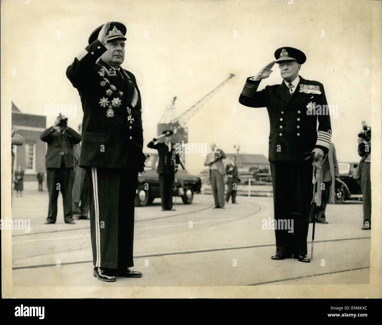 Oct. 10, 1955 - Russian Warships On Official Visit To Britain Admiral Golovko Salutes: Six Russian warships arrived in the English Channel today on a five day goodwill visit to Portsmouth. Admiral Golovk came ashore and was greeted and was escorted over H.M.S Victory. Photo shows: Admiral Sir George Creasy looks on as Admiral Golovko Salutes the guard of Honour during the ceremonies at Portsmouth today. Stock Photo