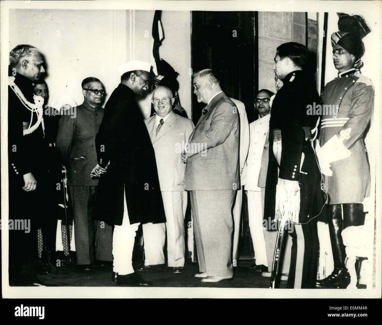 Nov. 11, 1955 - Soviet Bulganin Sight Seeing In Delhi.: Marshall Bulganin, the Soviet Premier and Mr. Khrushchev , Soviet Communist Party chief - spent the second day of their stay in New Delhi seeing the local sights. Their sight- seeing tour began after a formal call on the Indian President, Dr. Rajendra Prasad, at Rashtrapati Bhavan (President's House). Photo shows Marshal Bulganin and Mr. Khrushchev, seen chatting to the Indian President, Dr. Rajendra Prasad, at the President's House in Delhi. Stock Photo