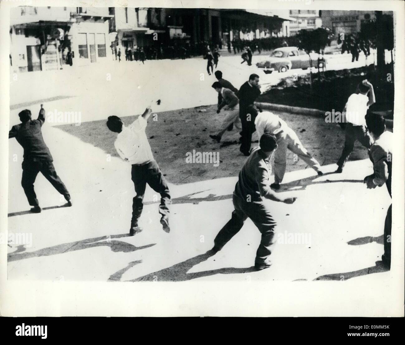 Oct. 10, 1955 - Demonstrators in Athens in Greek resistance day. Rioters throw stones at the police.; Photo shows demonstrators Stock Photo