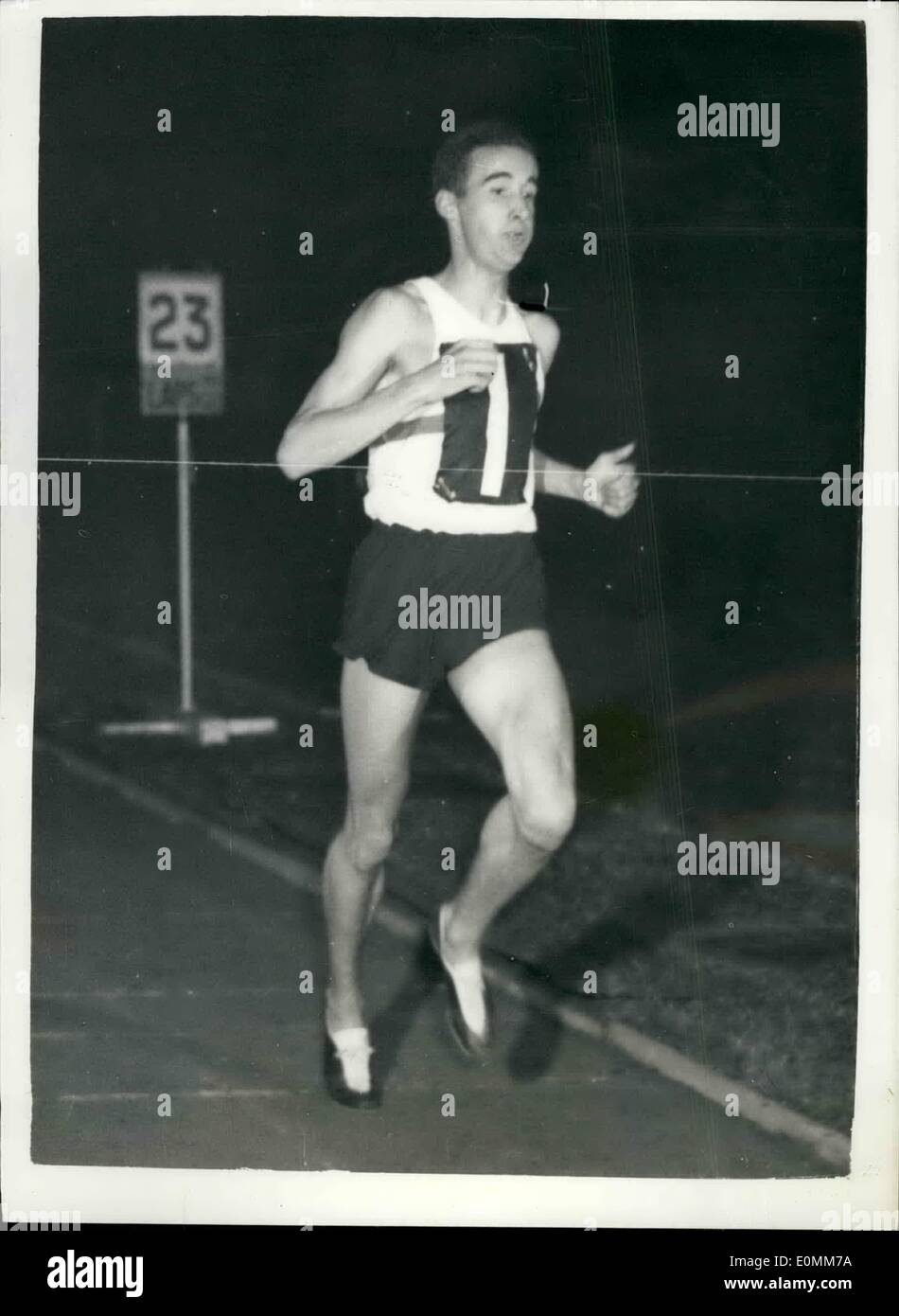 Oct. 12, 1955 - 12-10-55 London. Prague athletic meeting at White City. Gordon Pirie beats Emil Zatopek in 10,000 metres.. Gordon Pirie won the 10,000 metres even in the London. Prague athletic meeting at White City this evening by beating fell countryman Ken Norkis with Emil Zatopek, world record holder in this place. Keystone Photo Shows: Pirie finishes the 10,000 metres event, an easy winner at White City this evening. Stock Photo