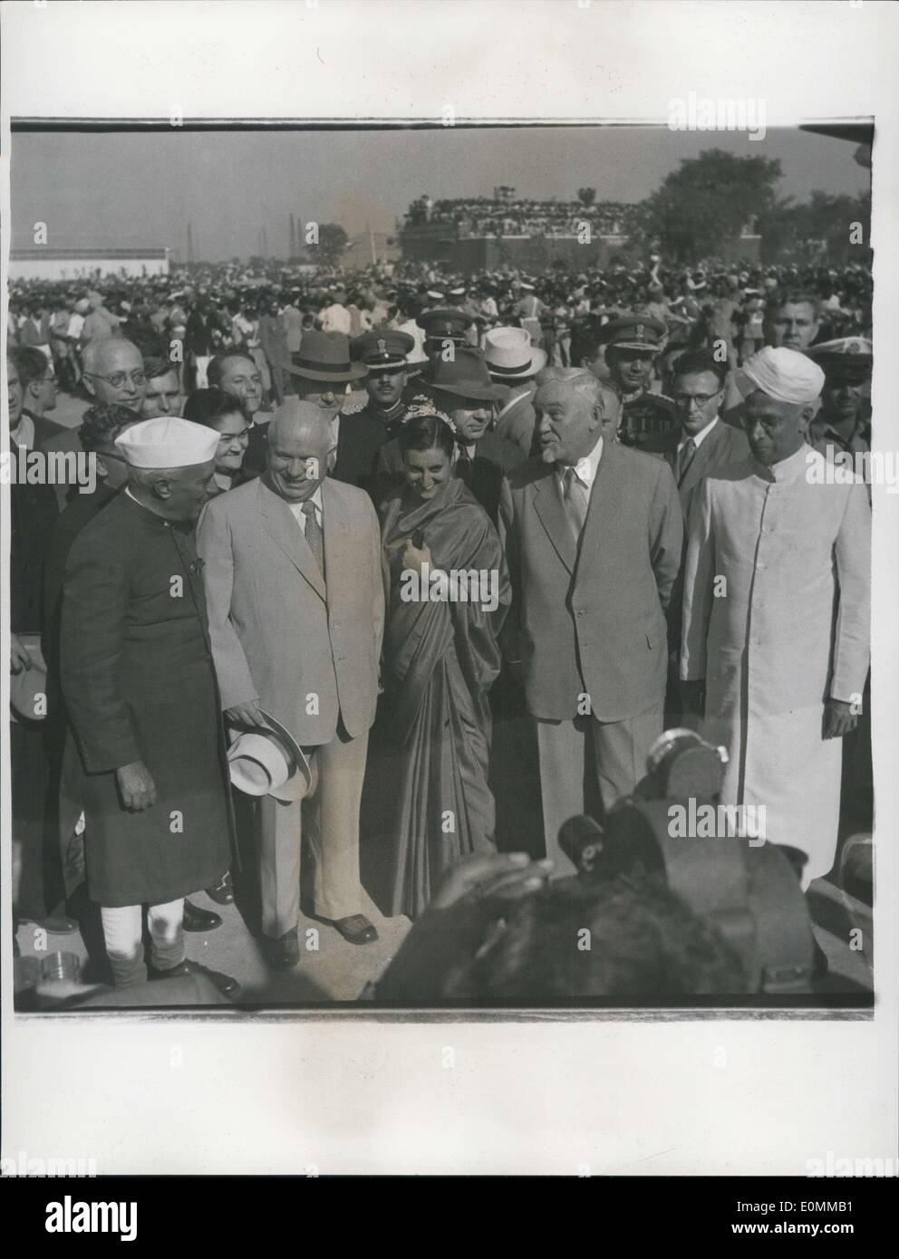 Nov. 25, 1955 - Russian visit to India, Premier Bulganin and Party Secretary Krustchev in the course to expand the friendly connection visiting India . Photo shows L to R: Mr. Nehru, Mr. Krustchev, Mrs. Indira Gandhi and Marshal Bulgan and Mr. Radharkrishin. /Vice President. Stock Photo