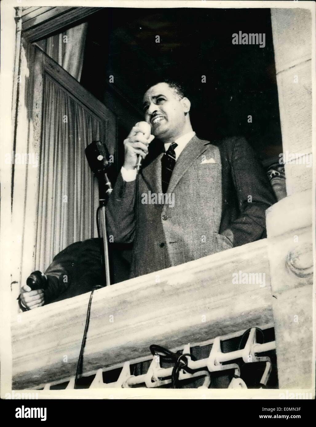 Jan. 01, 1956 - Women March Through Cairo to Congratulate Premier Nasser on New Constitution. Several thousand Egyptian women recently, marched through the streets of Cairo to the Presidency, to congratulate Premier Gamal Nasser on the declaration of the new Constitution. Keystone Photo Shows: Premier Gamal Abdel Nasser, seen addressing the women from the balcony of his office at the Presidency. Stock Photo