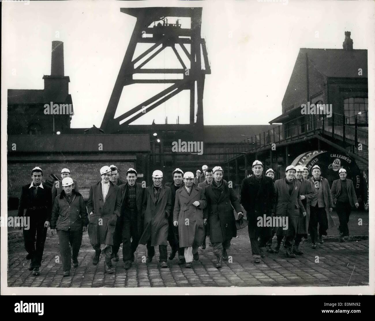 Jan. 01, 1956 - MERCHANT SEAMEN TAKE TO MINING The National Coal Board have recruited coming miners from among dissatisfied merchant seamen at Liverpool. The men, who total about 60 from Liverpool and Merseyside, started their training this week at the Sandhole Training Centre, Walkden. They are brought to the centre by bus in the morning and taken back in the afternoon. During this week they get film shows and instruction on safety. KEYSTONE PHOTO SHOWS:- A group of some of the seamen - seen at the training centre. Stock Photo