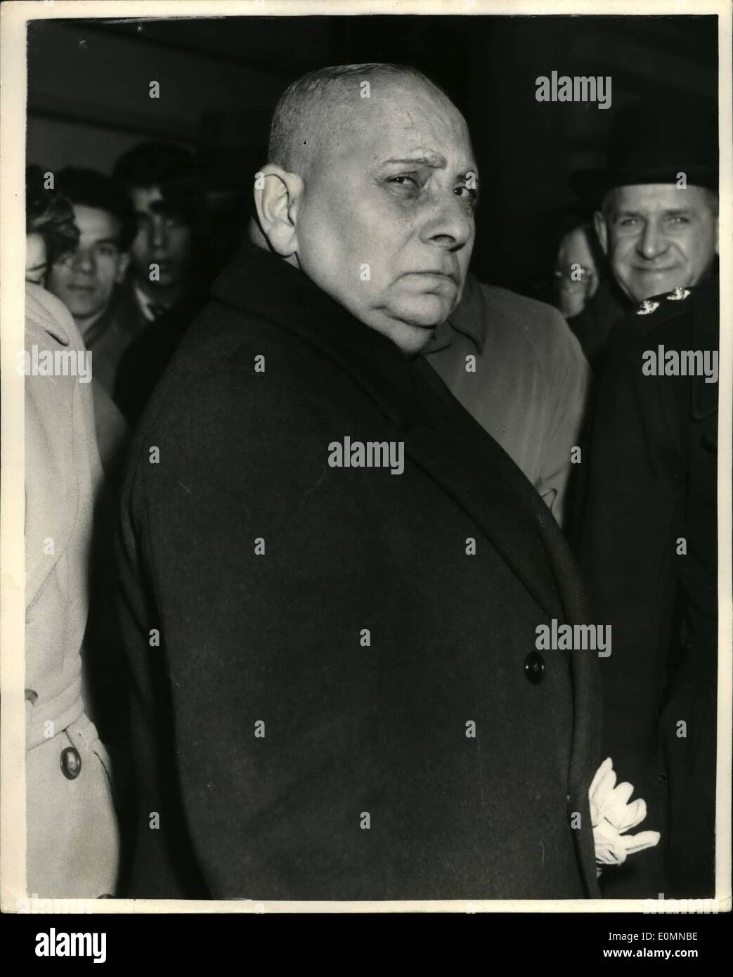 Jan. 01, 1956 - Von Stroheim Arrives: Erich Von Stroheim, the monocled, bullying Prussian of pre-war films, arrived in London this morning. He is to open a 12-week season of his films at the National Film Theatre. Photo shows Erich Stroheim seen on his arrival at Victoria from Paris this morning. Stock Photo