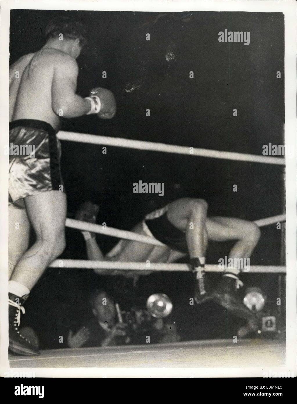 Mar. 14, 1956 ron Barton wins fight with Albert Finch, He goes through the ropes.. Albert