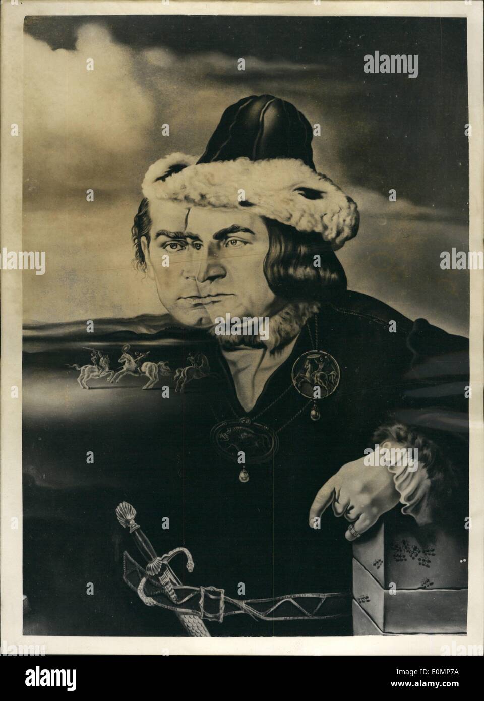 Apr. 04, 1956 - Olivier - by Dali: This is a black and white reproduction of the portrait in oils by Salvador Dali of Sir Laurence Olivier in his role of Richard II, the Laurence Olivier London Film. The portrait was commissioned by Mr. Robert Dowling of New York, and preliminary sketches were made during the filming of this production. The portrait was finally completed Salvador Dali's residence in Spain. Stock Photo