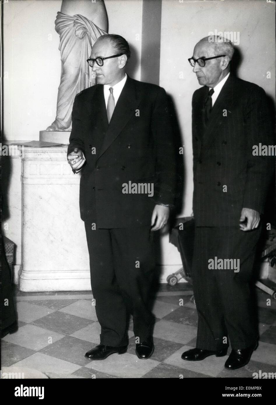 Feb. 02, 1956 - French Cabinet Duscusses Algerian Problem: The first meeting of the new French cabinet was entirely devoted to the Algerian problem. M. Guy Mollet (left) and General Catroux, the newly-appointed minister-resident in Algeria, after the meeting. Stock Photo