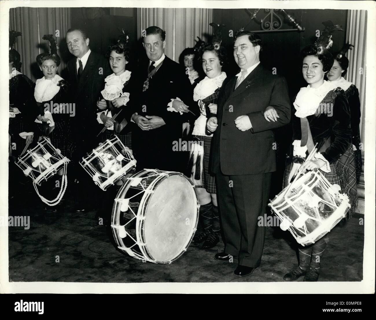 Apr. 04, 1956 - Mr. Malenkov - and the Dagenham girl Pipers- visit the Mansion house.: Mr George Malenkov the Soviet Minister for power Stations - this morning paid a visit to the Mansion house where he was received by the Lord May or of London. Also visiting the Mansion house this morning were the Dagenham girl Pipers who have just completed a tour of the United States and Canada. Photo shows seen at the Mansion house this morning are L-R:- Mr. Malek the Soviet Ambassador; Alderman Cutherbert Ackrovd the Yard May or and Mr Stock Photo