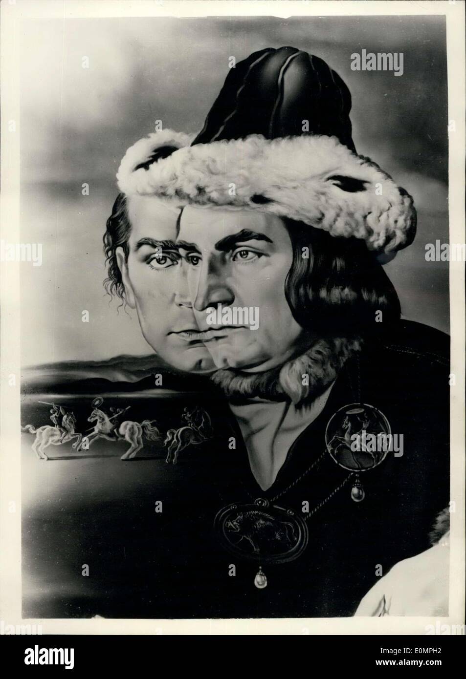 Apr. 10, 1956 - Olivier - By Dali : This is a black and white reproduction of the portrait in oils by Salvador Dall of Sir Laurence Olivier in his role of Richard III, the Laurence Olivier London film. The portrait was commissioned by Mr. Robert Dowling of new york, and preliminary sketches were made during the filming of this production. The portrait was finally completed Salvador Dali's residence to Spain. Stock Photo