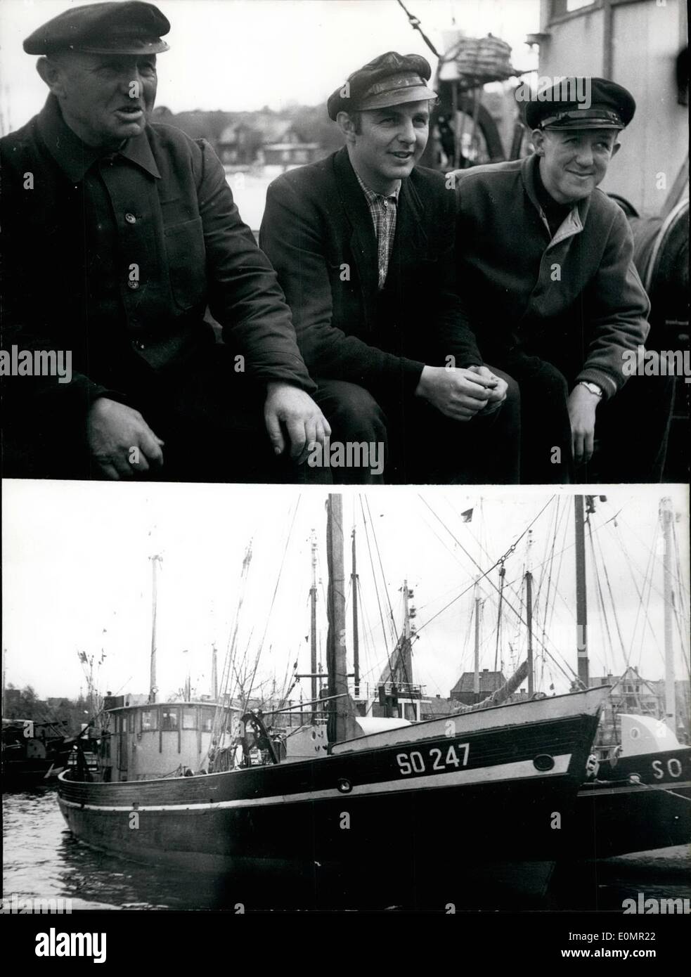 May 05, 1956 - German Ambay payed 1000 Rubel for German fisherman. Two fisherboats from Kiel/Germany were captured by the Soviets off Memel on the coast of East-Prussia. The boats had entered the 12- miles zone, when they were fishing salmons. The cutters were brought to the harbour of Memel. The Soviets were quite friendly and correct but they told the fishermen they would have to pay 1000 Rubels. A cable to the German Ambassy at Moscow was answered that the Ambassy will pay for them Stock Photo