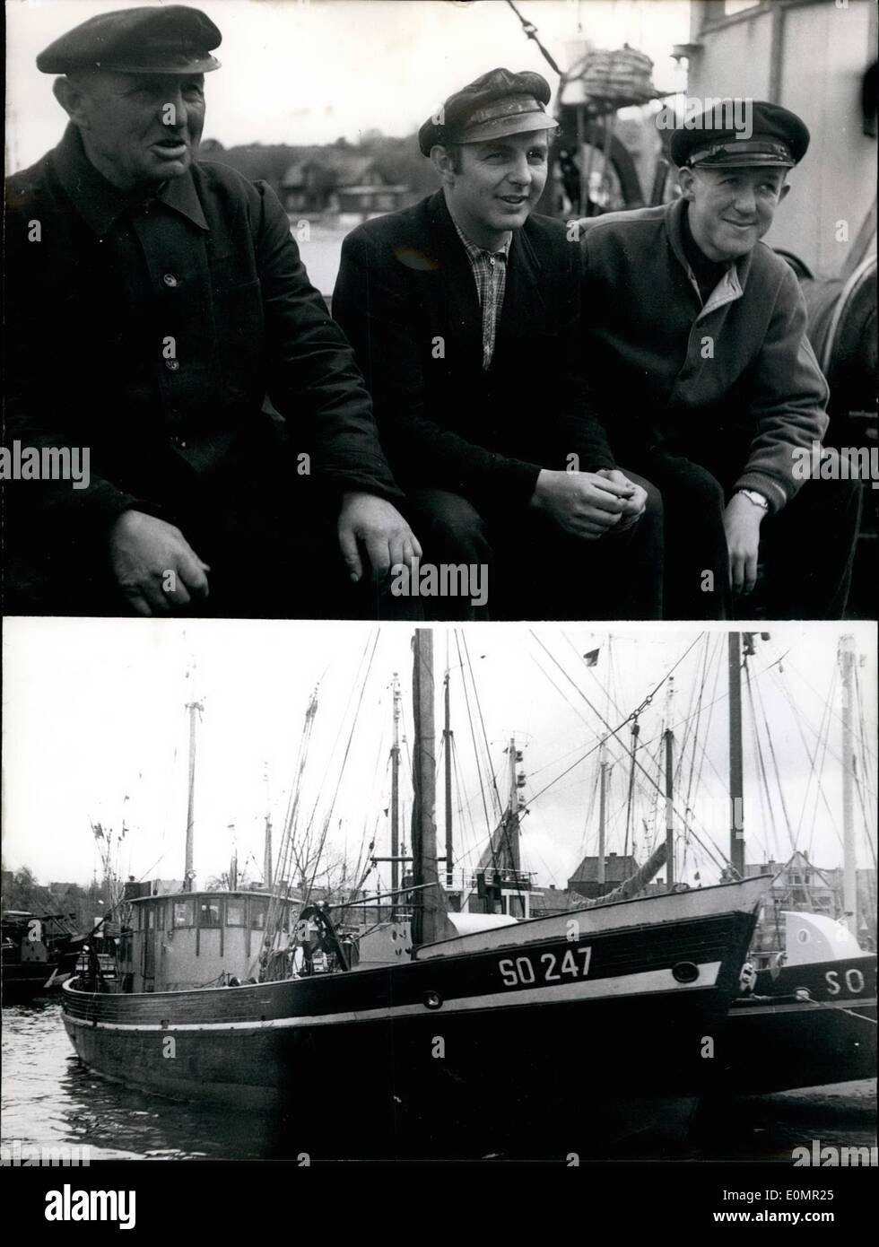 May 05, 1956 - German Ambassy payed 1000 Rubel for German fishermen. Two fisherboats from Kiel/Germany were captured by the Soviets off Memel on the coast of East-Prussia. The boats had entered the 12- miles-zone, when they were fishing salmons. The cutters were brought to the harbour Memel. The Soviets were quite friendly and correct but they told the fishermen they would have to pay 1000 Rubels. A cable to the German Ambassy at Moscow was answered that the Ambasy will pay for them Stock Photo