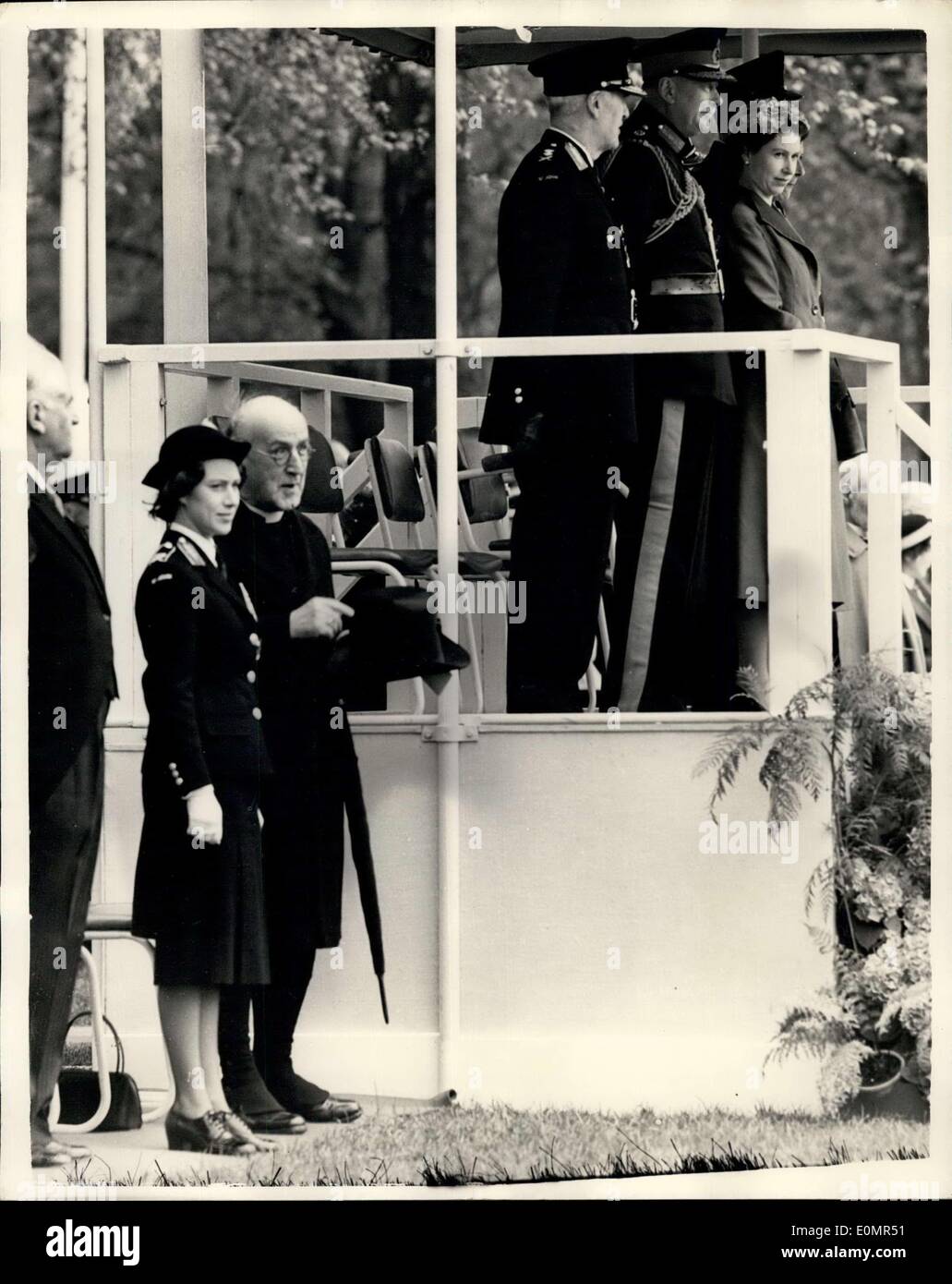 May 12, 1956 - Queen reviews St. John Ambulance Brigade takes the Salute: H.M. the Queen this afternoon reviewed the St. John Ambulance Brigade - at the Annual Hyde park Parade. Princess Margaret attended. Photo Shows H.M. The Queen takes the salute showing standing on right Princess Margaret - in Hyde Park this afternoon. Archbishop of Canterbury. Stock Photo