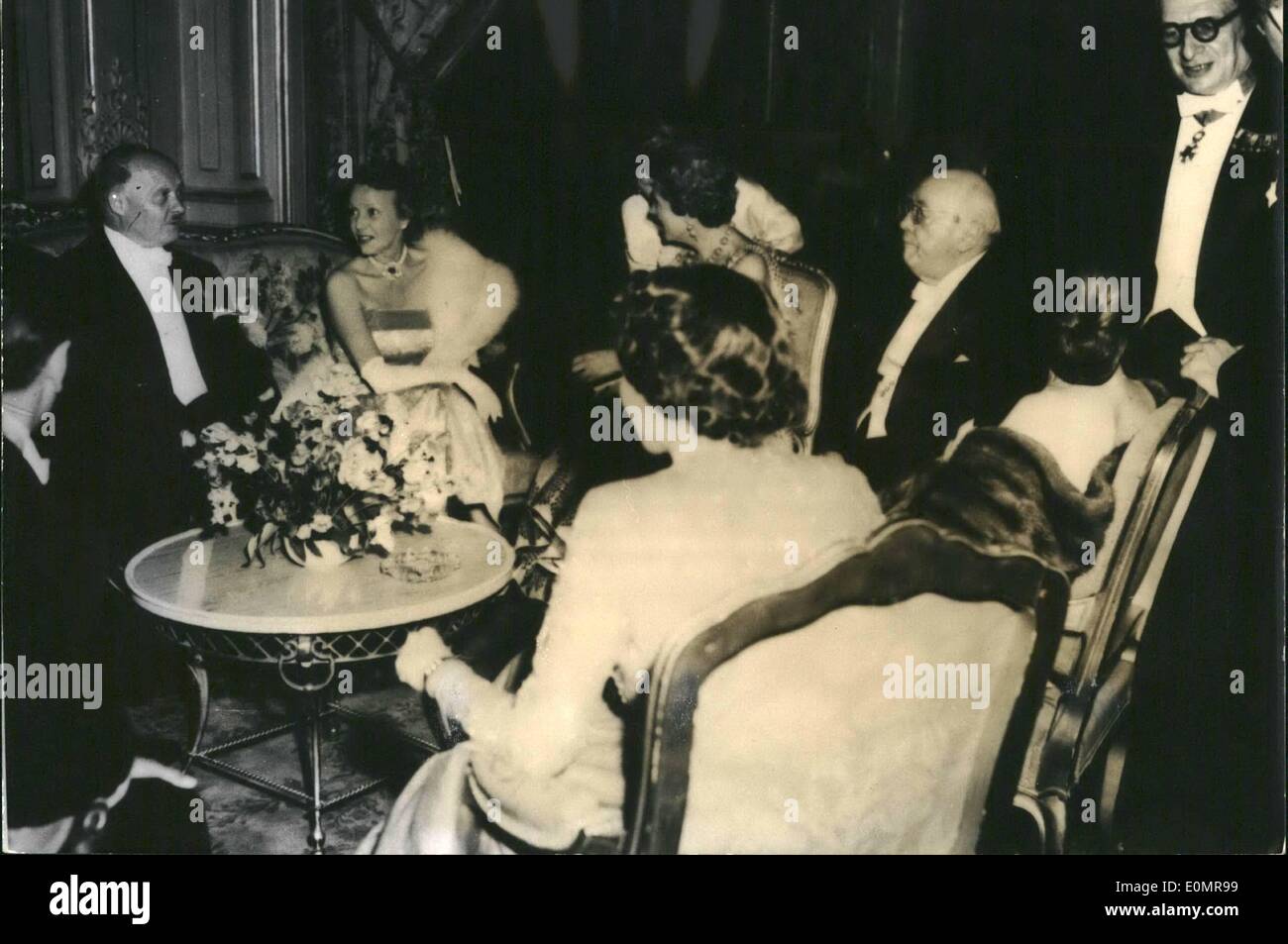 May 05, 1956 - Reception at Elysee: A reception was held at the Elysee Palace last night. Photo shows M.Andre Le Troquer, speaker of the French Parliament (on left) and M. Albert Sarraut, President of the Assembly of the French Union (right) photographed during the reception. Stock Photo