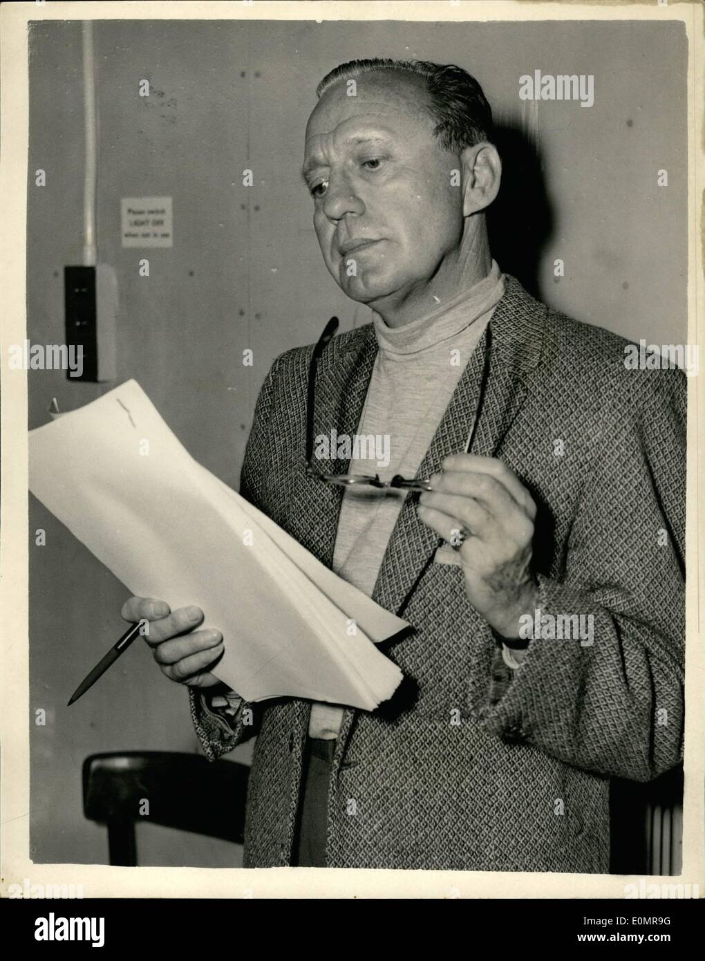 May 05, 1956 - Jack Benny rehearses for B.B.C. television show.... Popular American Comedian Jack Benny was to be seen at white Stock Photo