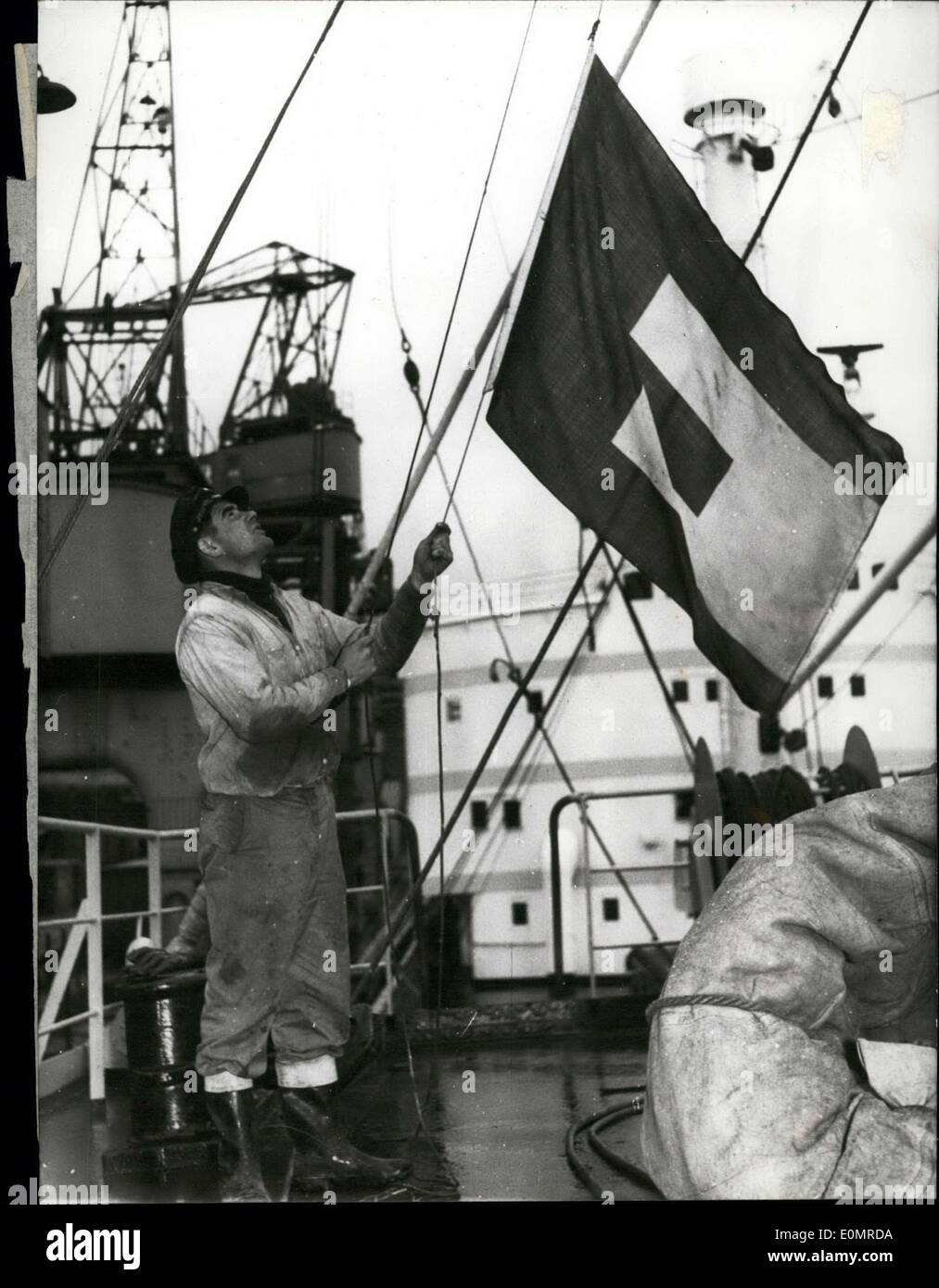 May 30, 1956 - The ''European flag'' with the green ''E'' in it, is hoisted up on all ships of the German ''Horn Line.'' Here a Stock Photo