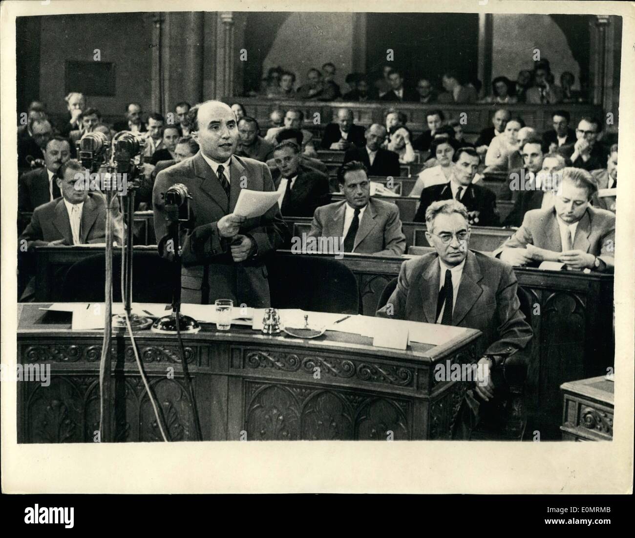 Aug. 08, 1956 - New Session of the Hungarian Parliament opened. The premier speaks. Photo Shows Premier Andras Hegedus gives his report - when he attended the recent opening of the new session of the Hugarian Parliament in Budapest. Seated beside him - to the right is Erno Gero the First Secretary of the Central Committee the Hungarian Working People's Party. Stock Photo