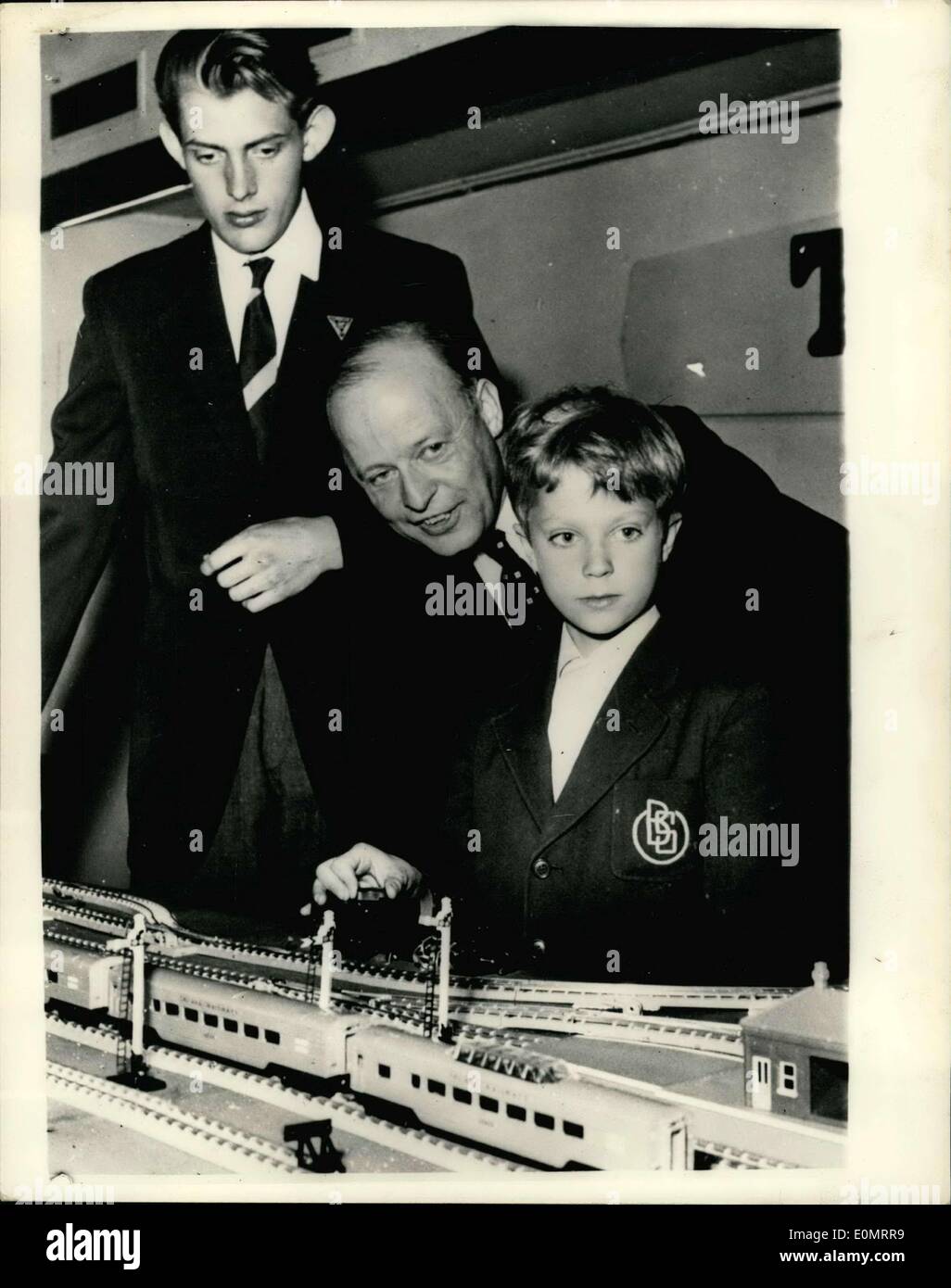 Jun. 06, 1956 - Crown Prience Carl Gustaf visits British Toy Exhibition in Stockholm: The young crown prince Carl Gustaf was the guest of honour - at the exhibition of toys - organised by the British Toy Manufacturers Lines Brothers - in Stockholm, recently. Photo shows: Sir Robert Haney and British ambassador with crowed prince call gustaf - at the exhibition in Stockholm. Stock Photo
