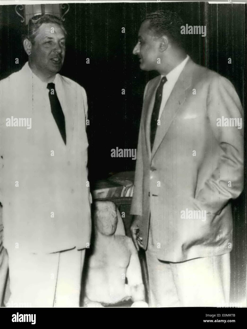 Jun. 06, 1956 - Soviet Foreign Minister meets Egyptian Premier. Mr. Shepilov in Cairo. Mr. Dmitri Shepilov the new Foreign Minister of the Soviet Union - met Col. Nasser the Egyptian Prime Minister - soon after his arrival in Cairo - on an official visit. He is expected to attend the Egyptian ''Independence'' Day ceremonies - when Egypt is Staging a military parade to celebrates the withdraw of the last British soldier from the country. Photo Shows Mr. Dmitri Shepilov and Col. Nasser - when they met in Cairo. Stock Photo