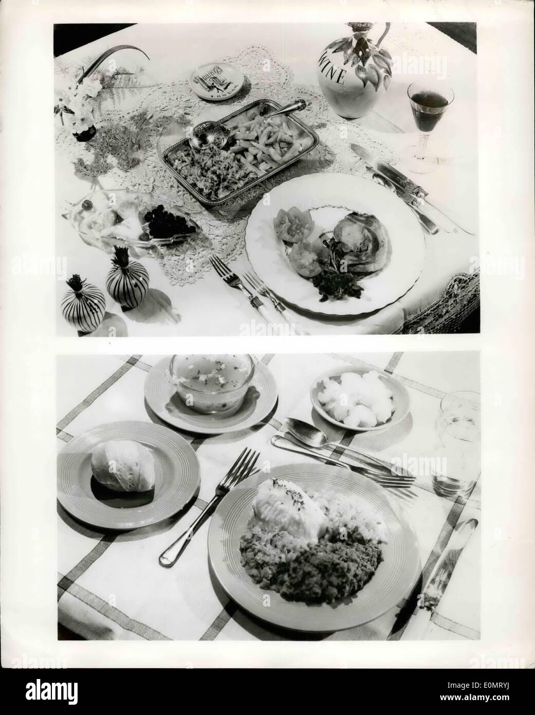 Aug. 08, 1956 - Meals in a match Box: British scientists have developed whole meals - one consists of soup, chopped beef, mashed potatoes, yellow turnips and apple dessert - that can be carried around in a match box in dried form and reconstituted by adding hot water. Alson on the menu are fish, pork chops, bananas, diced carrots, cabbage, pineapple, raspberries and whole tomatoes. The food, and extension of the process of dehydration used in World in world war II, is claimed to taste ''Just like the real thing.'' picture show Reconstituted pork chop, fried potatoes and white cabbage Stock Photo