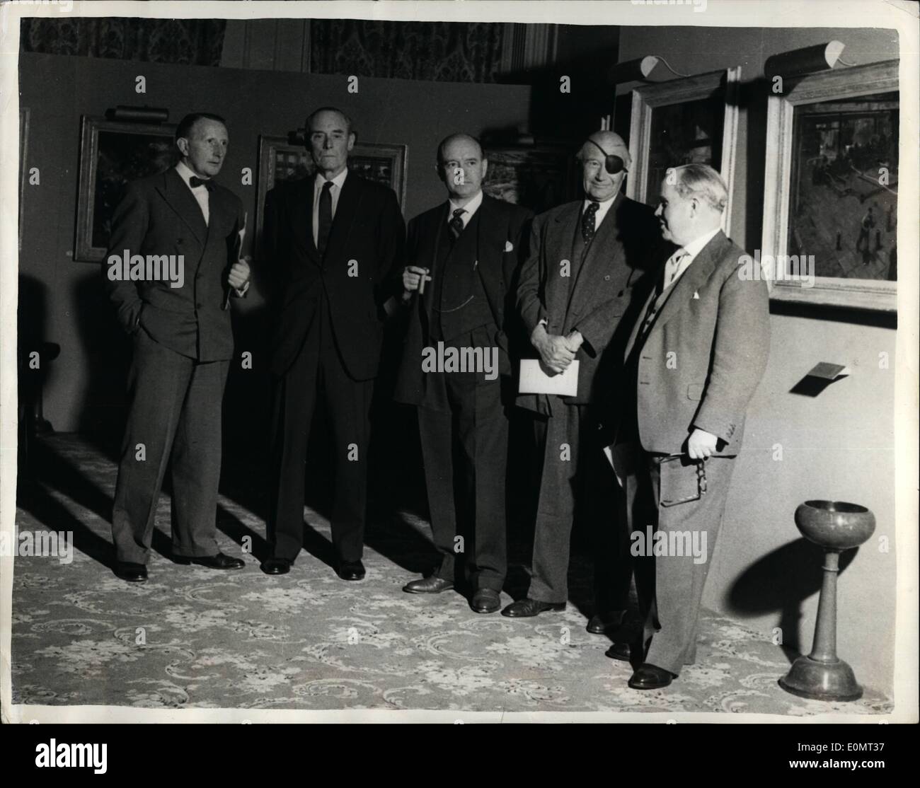Jun. 06, 1956 - Private view of pictures of an Industry exibition: Pictures of an Industry an Exhibition of paintings by Terence Cuneo, commissioned by the Inco-Mond Nickel Group of Companies, opens today at Grosvenor House. Photo shows (L to R) the Rt. Hon. Viscount Margesson, Mr. Henry S. Wingate, of New york, Mr. Lewis Douglas, former U.S. Ambassador to Britain, and Mr. Lance H. Cooper, Chairman of the Mond Nickel Company Ltd. of Canada and Gt. Britain view some of the industrial paintings at yesterday's private view. Stock Photo