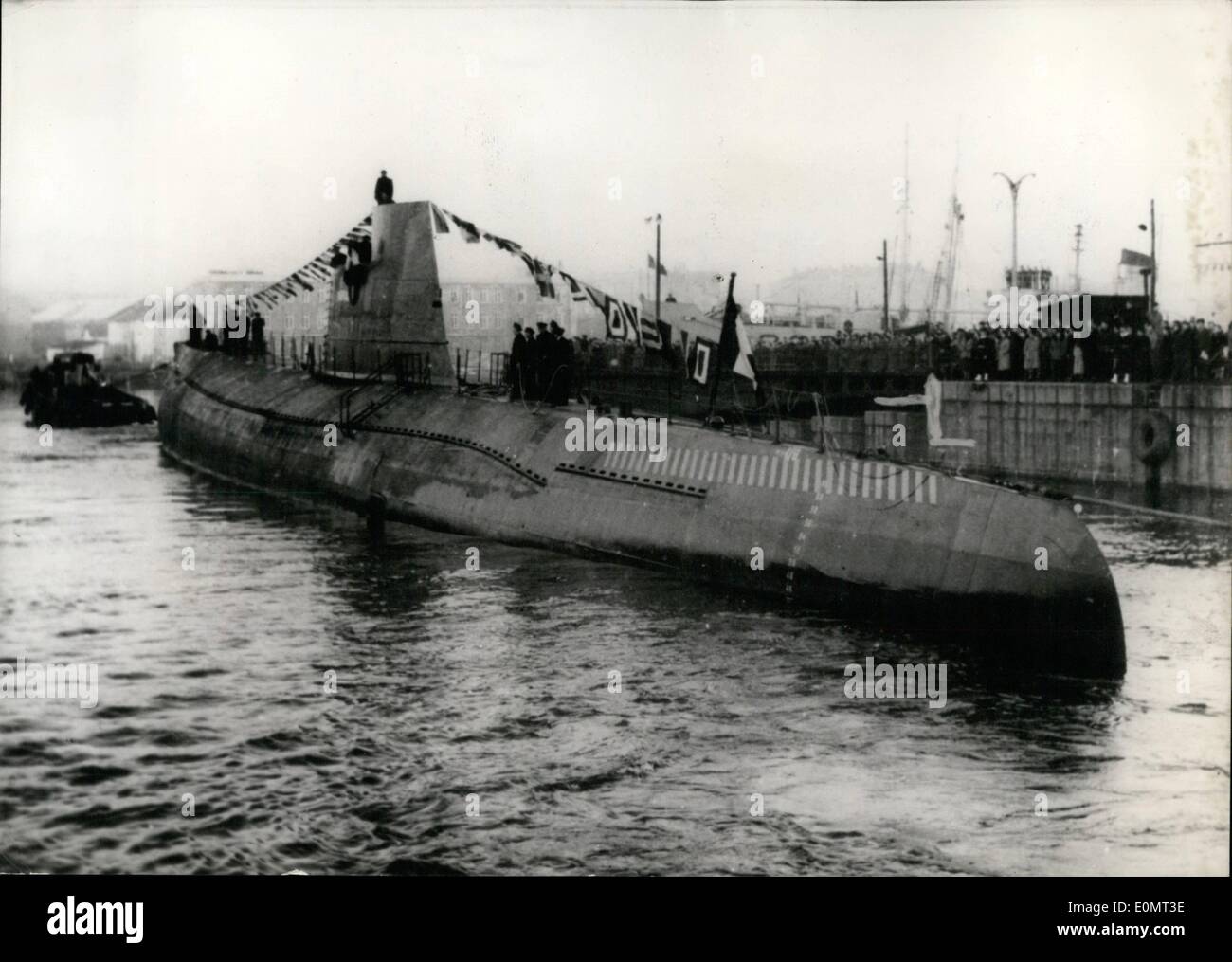Jun. 06, 1956 - French Sub to Try to Beat Deep Diving Record: The ''Narval'', French Submarine, will try to beat the world's deep diving record off Lorient next week. Photo shows a view of the submarine. Stock Photo