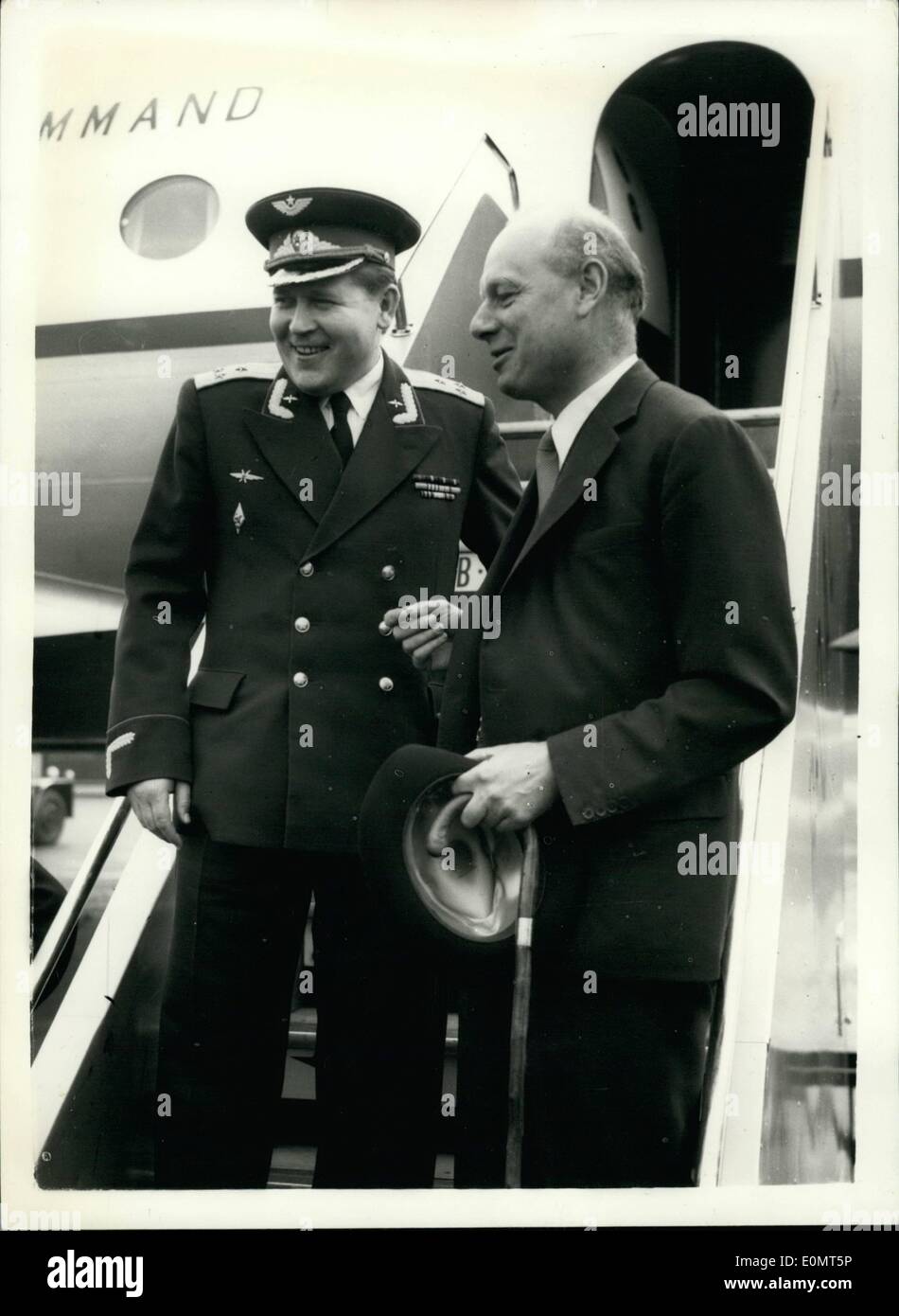 Jun. 06, 1956 - The Comet II Leaves For Moscow.. Air Minister and Soviet Air Atta Che. A Comet II airliner of R.A.F. Command left London Airport this morning for Moscow. Travelling were Air Minister Mr. Nigel Birch and eight senior R.A.F. Officers.. They Have been invited to Russia to watch a Soviet air display at Tushino, nr. Moscow tomorrow. It is the first British Jet ever to visit the Soviet and the machine is flying non-stop (1564 miles).. Keystone Photo Shows:- Mr Stock Photo