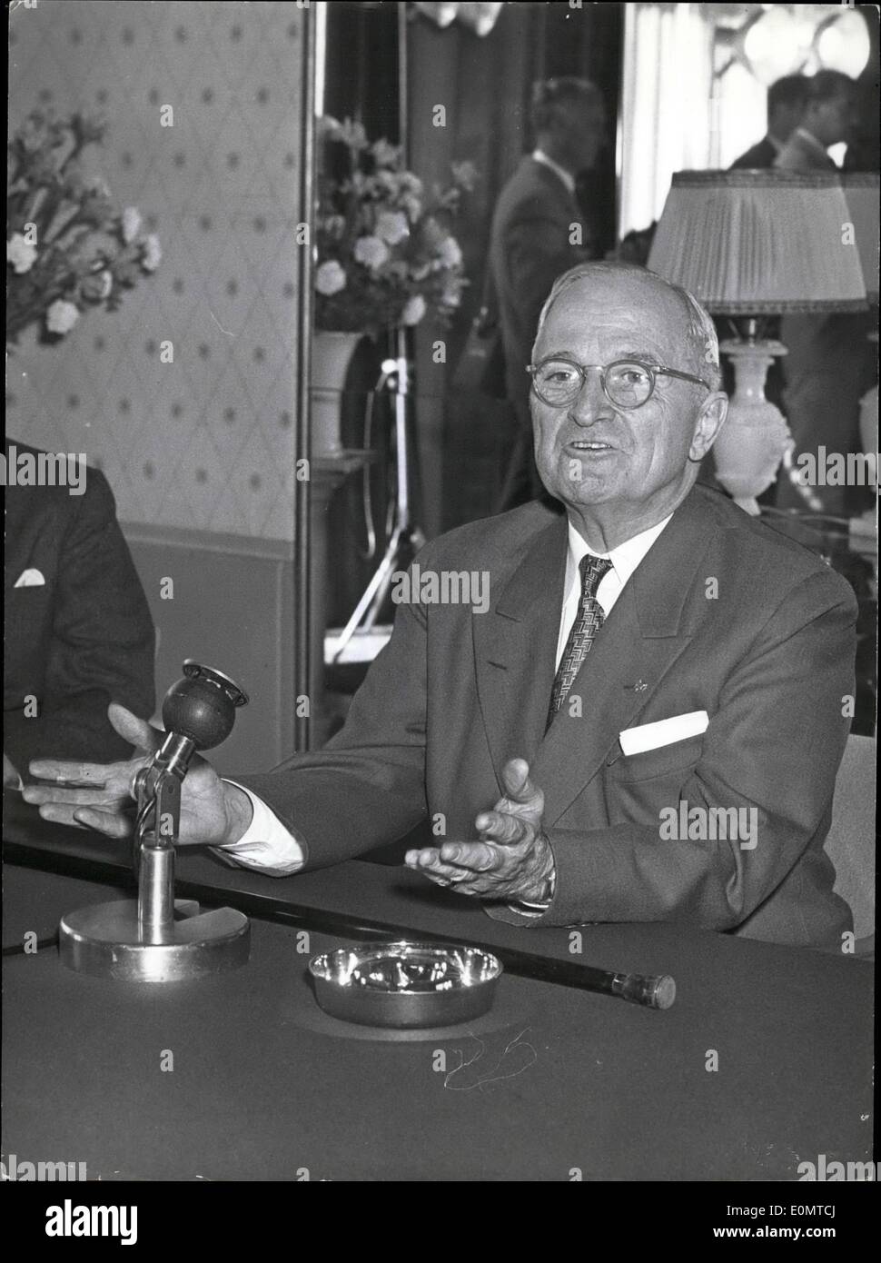 Jun. 06, 1956 - Arrival of Mr. Harry Truman at The Hague Holland. Mr. Truman at the Press conference at the restaurant ''De Witte brug'' short after the arrival. Stock Photo