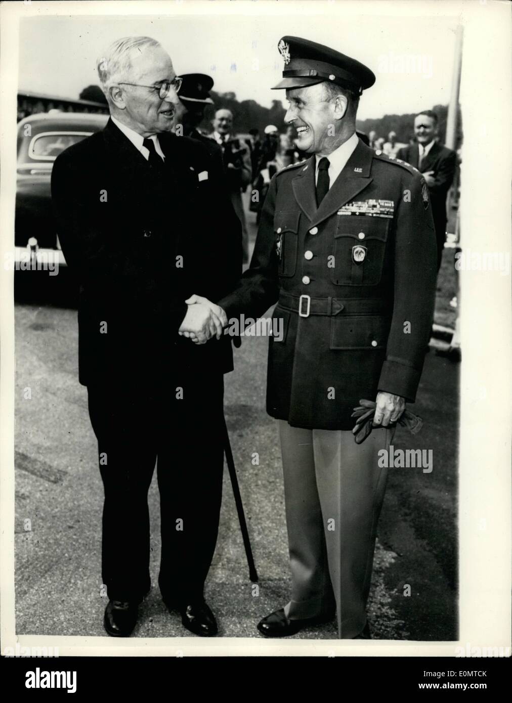 Jun. 06, 1956 - Mr. Truman visits shape : Mr. Harry Truman, former president of the united states, yesterday paid a visit to Shape. Photo shows Mr. Harry Truman (left) is greeted by General Alfred M. Gruenther, supreme allied commander Europe. Stock Photo