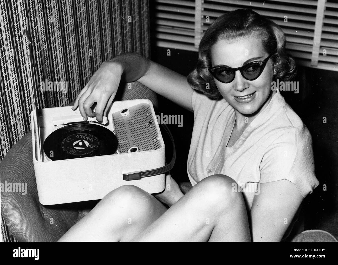 Small portable record player on display Stock Photo