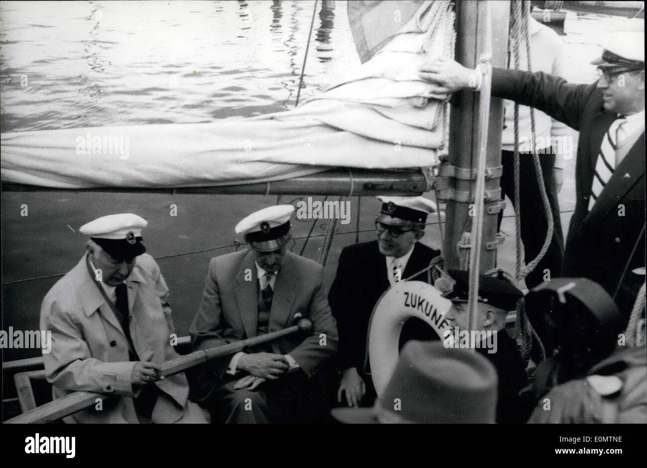 Jun. 20, 1956 - Kieler Week 1956. Federal President Prof. Heuss, a regular attendant of the Kieler Week, insists on being present on a training vessel of a sailing regatta. On board the ''Zukunft'' from left to right: Federal President Heuss, Kiels mayor Dr. Sievers, Prime Minister Hassel, and (standing) yacht club president Dr. R?del. Stock Photo