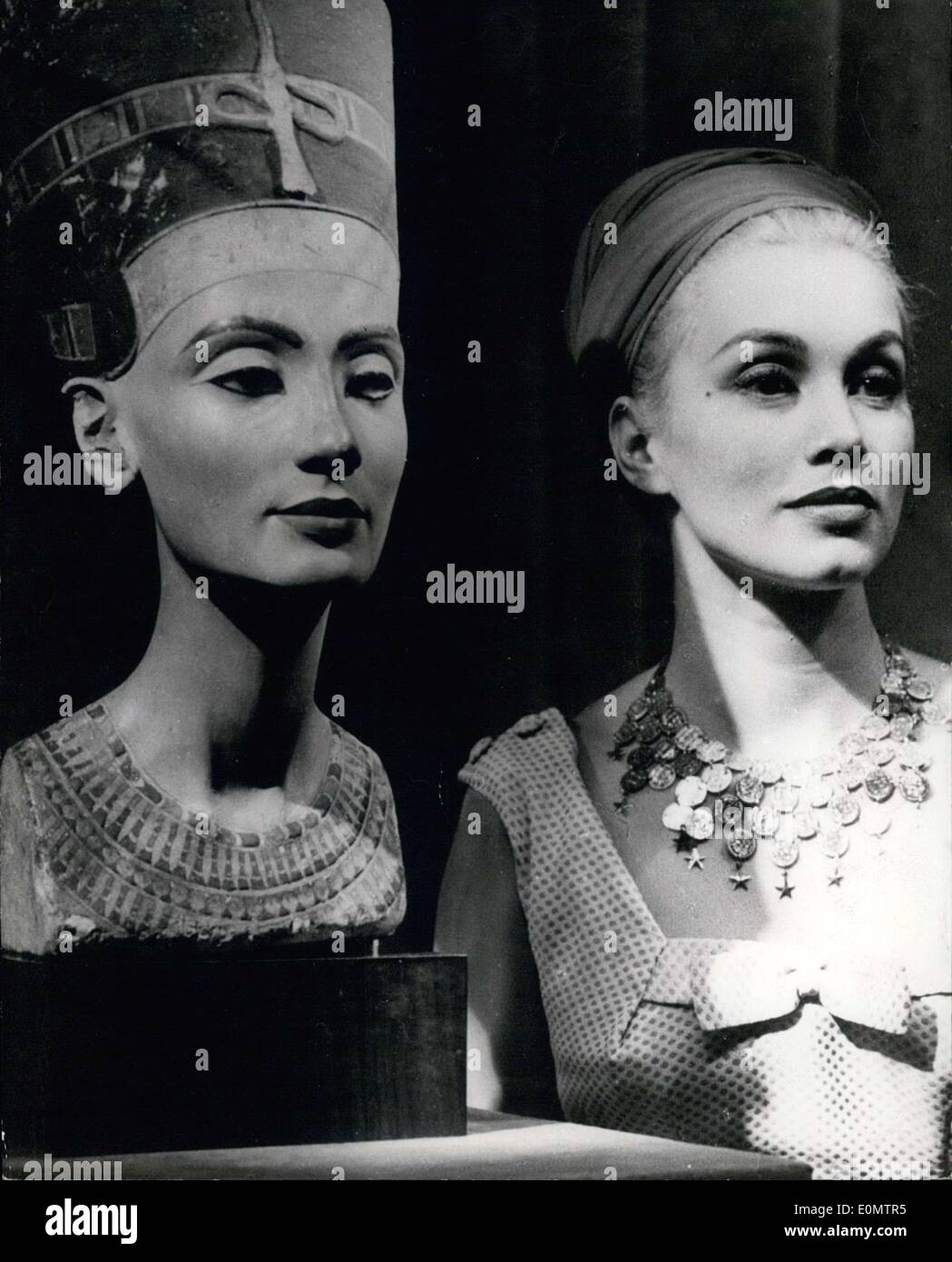Jun. 29, 1956 - Pictured on the left is a sculpture of Queen Nefertiti, which was in a Berlin Museum. On the right is actress Linda Christian, who was in Berlin for the film festival. They were put side by side to show off the eerie similarity between the two. Stock Photo