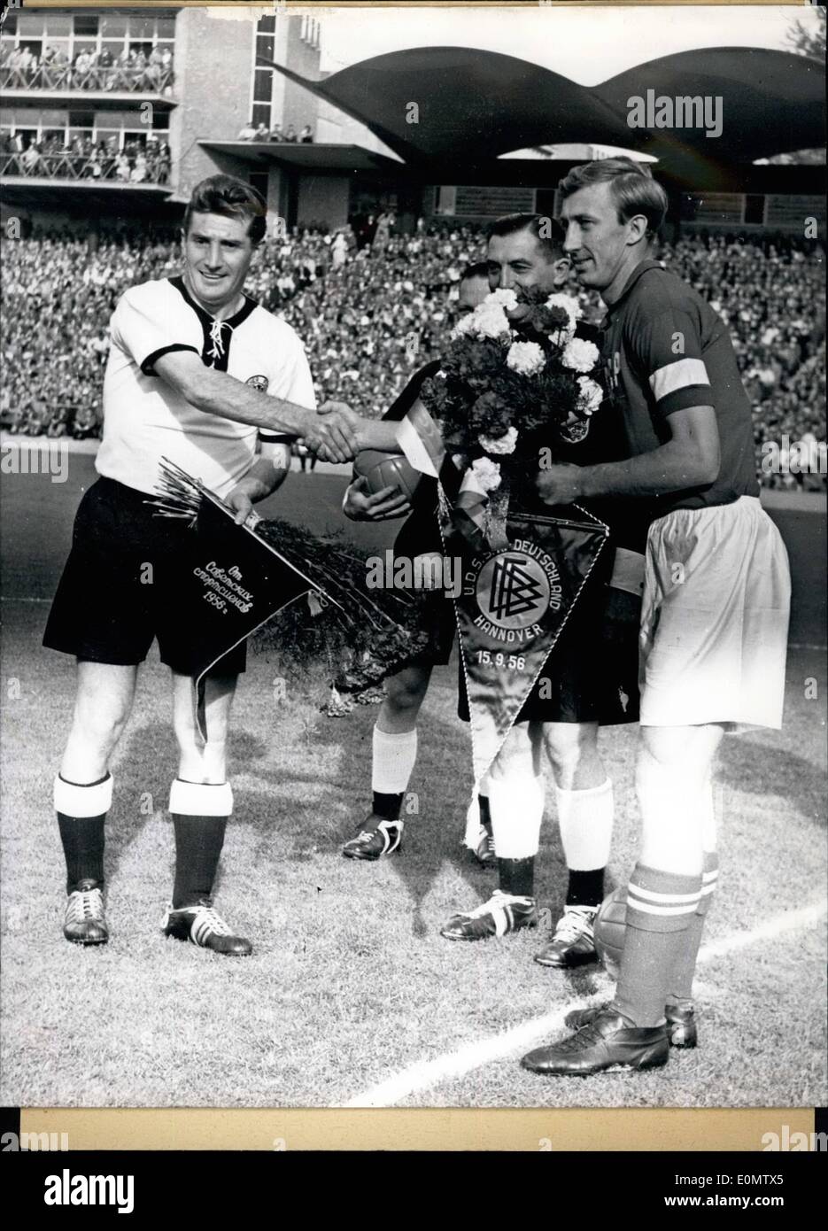 Sep. 09, 1956 - Russia Beat Germany in the football - match on Sept.15th Athannover. Picture Shows: Fritz Walter (left) and Nett (right) before the match. Stock Photo