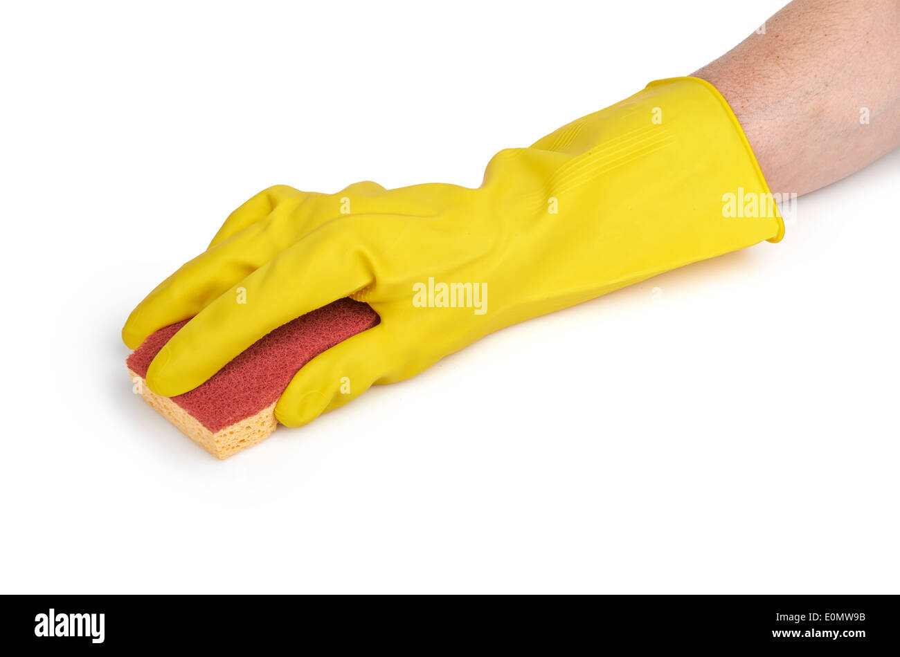 Cleaning surface in bright yellow gloves with sponge on white ...