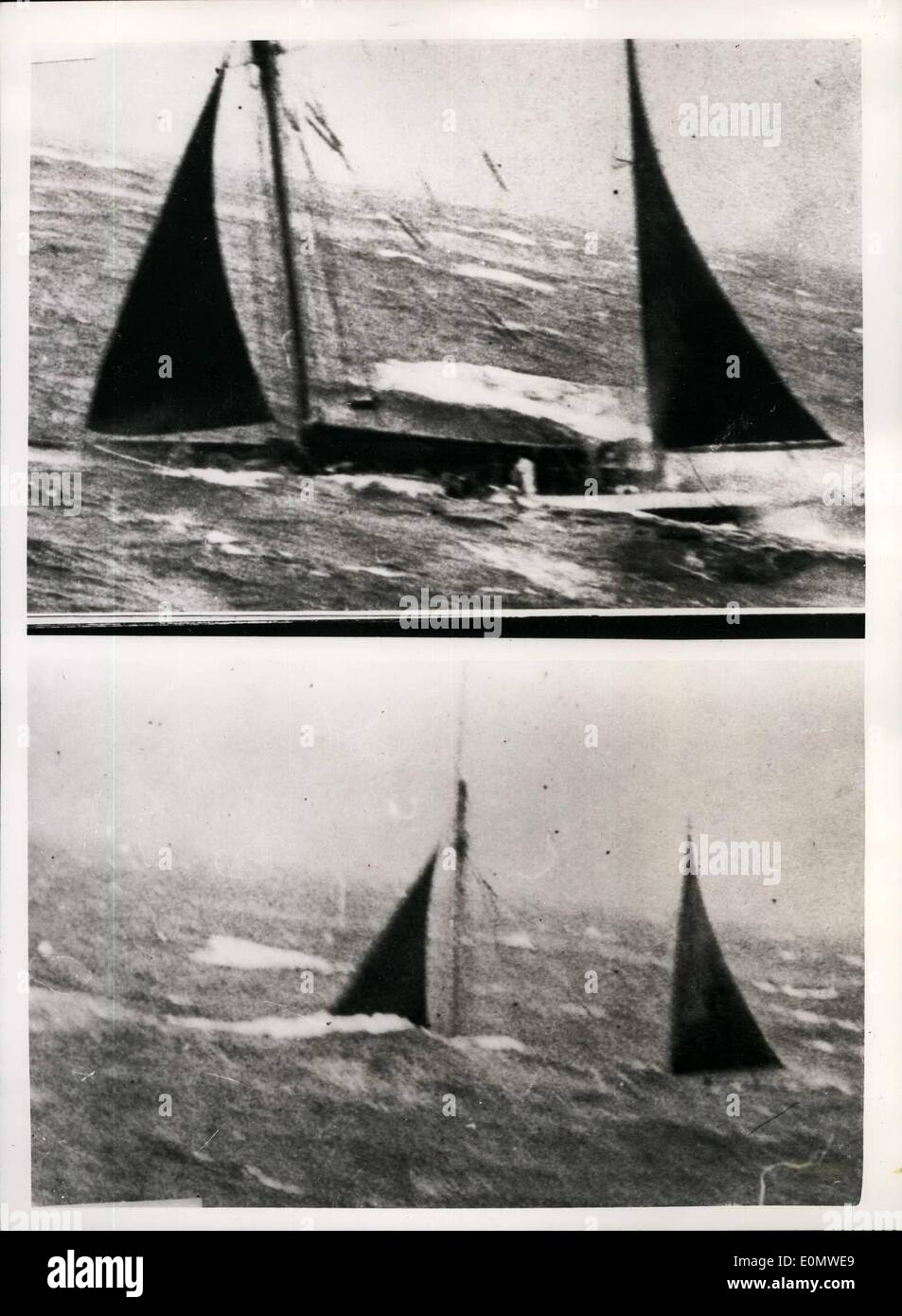 Jul. 07, 1956 - Ketch that won Torbay-Lisbon Race - goes down. ''Moyana'' sinks off coast of Cornwall.: The 103 ton Ketch ''Moyana'' - which recently won the Torbay - Lisbon sailing ship race - sank off the coast of Cornwall yesterday during the worse-ever July Gale - that created havoc in all parts of the country. Boys of the Southampton School of Navigation - whose ages average 16 - were taken from the vessel a short time before she sank by the vessel Clan MacLean. No lives were lost Stock Photo