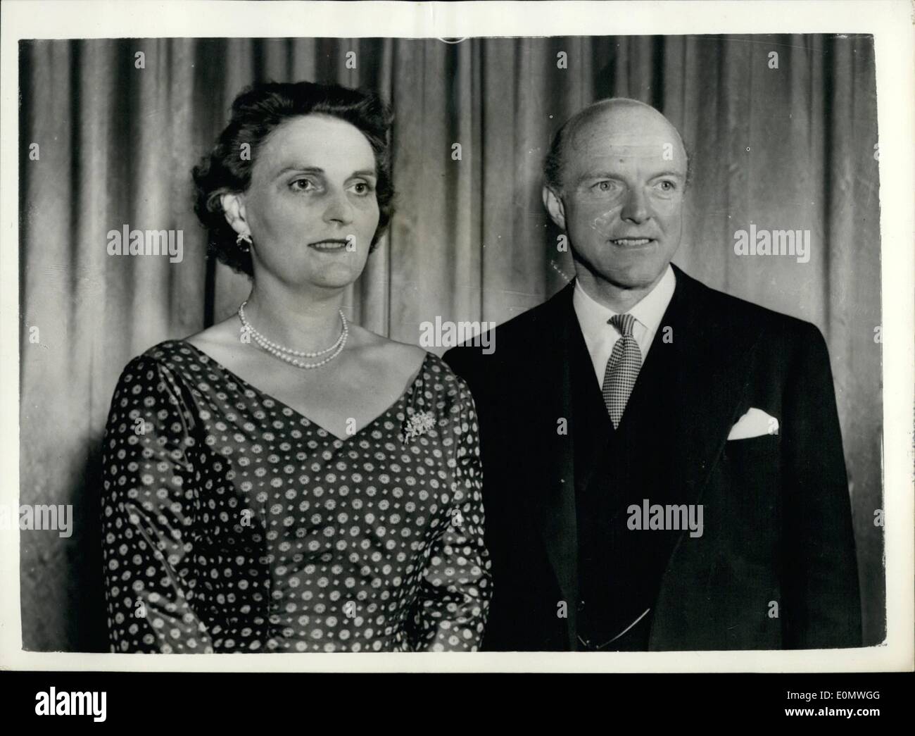 Jul. 07, 1956 - BRITISH OFFICIAL PHOTOGRAPH. CROWN COPYRIGHT RESERVED. ISSUED BY CENTRAL OFFICE OF INFORMATION. PHOTO SHOWS: SIR HAROLD CACCIA, Britain's newly appointed Ambassador in Washington, seen at his London home with his wife yesterday. Stock Photo