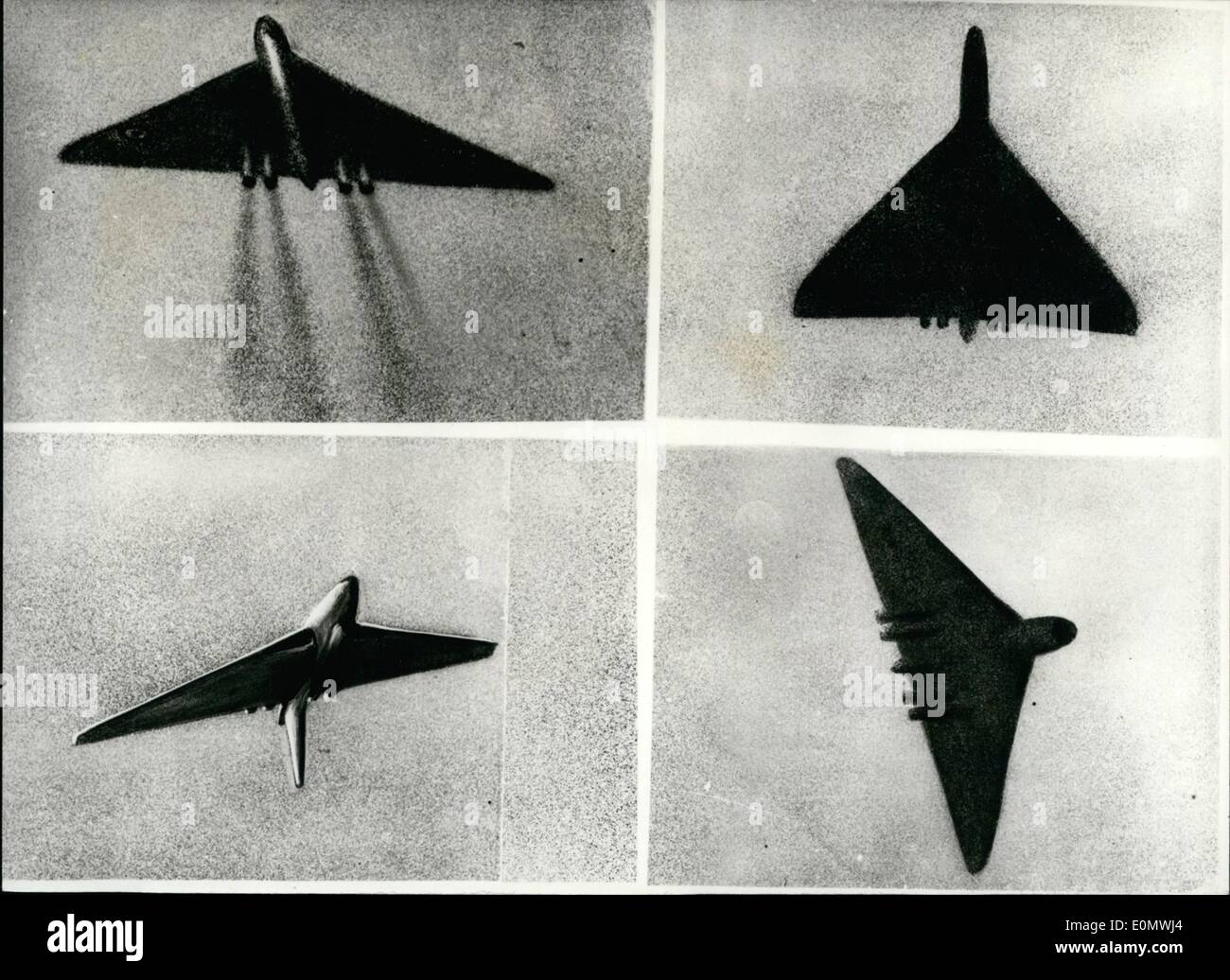 Sep. 09, 1956 - Preview Of Farnborough Air Show Flying Display... Avro Vulcan Loops And Rolls: Four split second pictures - taken by high speed cameras - at an Avro Vulcan 'V' Bomber loops and rolls.. Test pilot Jimmy Harrison takes the 50 ton bomber straight up from his take-off run into the loop. The four jet engines, blasting at full power, give the huge nuclear machine 32 tons of thrust, as seen in Top - left picture - while top right :- the machine goes straight up like a rocket - preparing to turn over at top of the loop - It is just past the point at which it could toss out an 'H' bomb Stock Photo