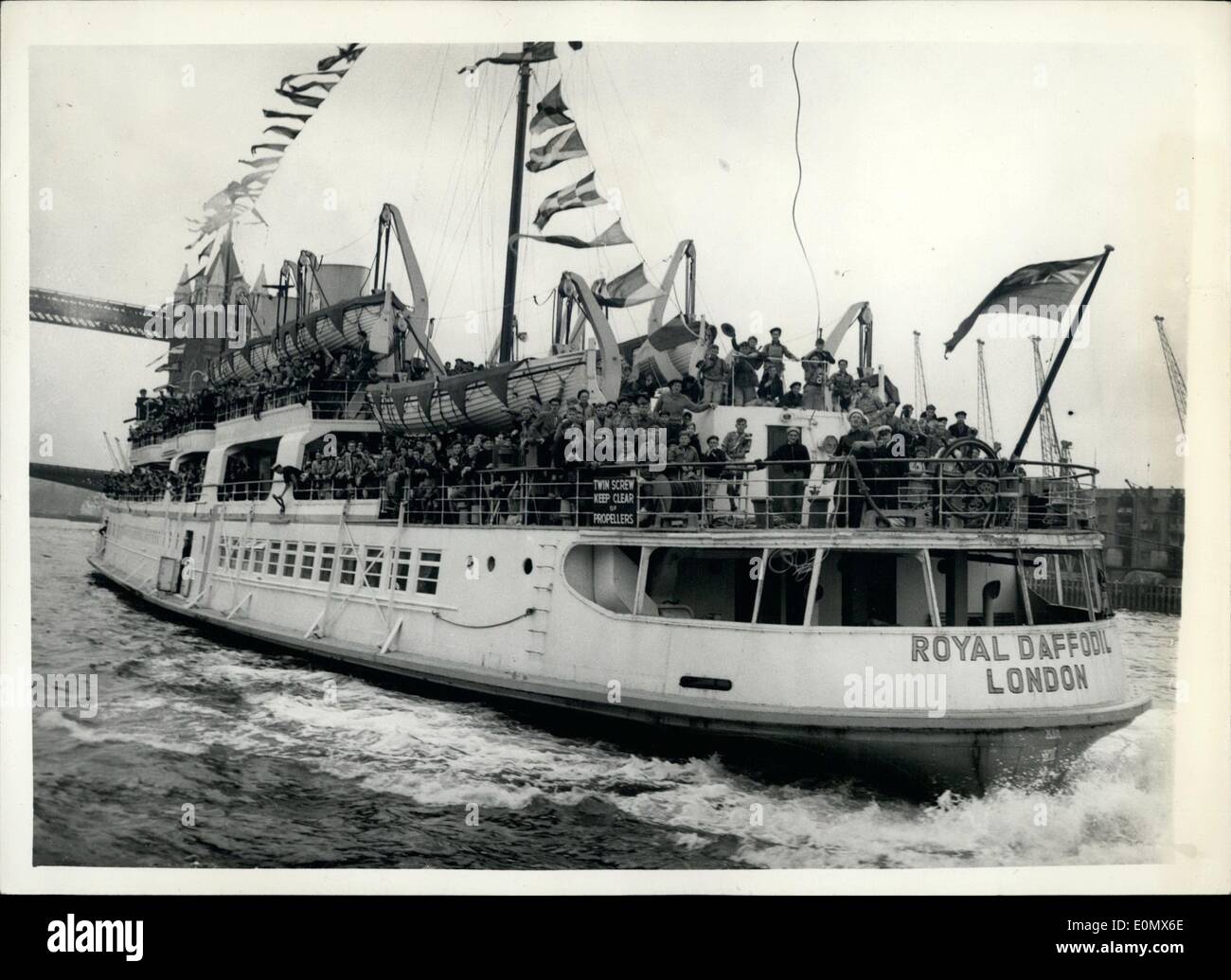 Aug. 08, 1956 - International Scouts take a river Trip arrive at tower Pier: About 2,000 International Boy Scouts who are now attending the 3rd. Essex International Jamboree at Hockley, Essex-today had a trip on the River from Southend to Tower Pier aboard the ''Royal Daffodil''.. They were addressed by Lord Peter Baden Powell-at the Quadrangle of Tower.. Photo shows The Scouts aboard the ''Royal Daffodil'' on arrival at Tower-Pier this morning Stock Photo