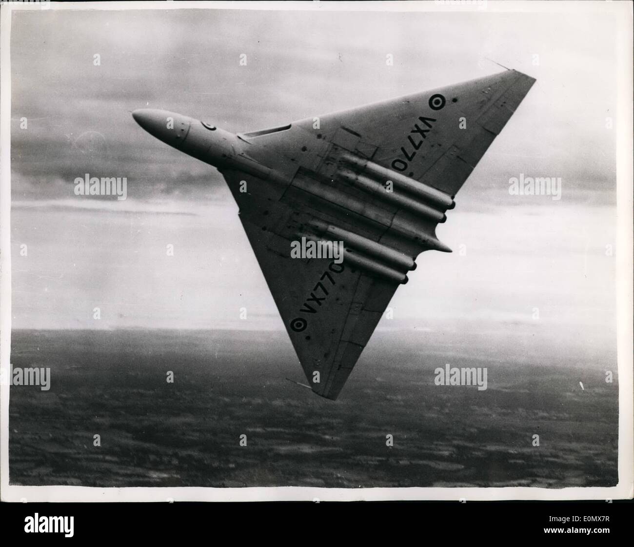 Oct. 10, 1956 - Avro Vulcan Aircraft Crashes at London Airport at end of 26,000 mile tour. The R.A.F Avro Vulcan four jet bomber crashed at London Airport this morning as she was about to land at the end of her 26,000 mile - three week tour of Australia and New Zealand. She is thought to have struck an object on the landing runway. Photo shows view of the Avro Vulcan jet bomber. Stock Photo